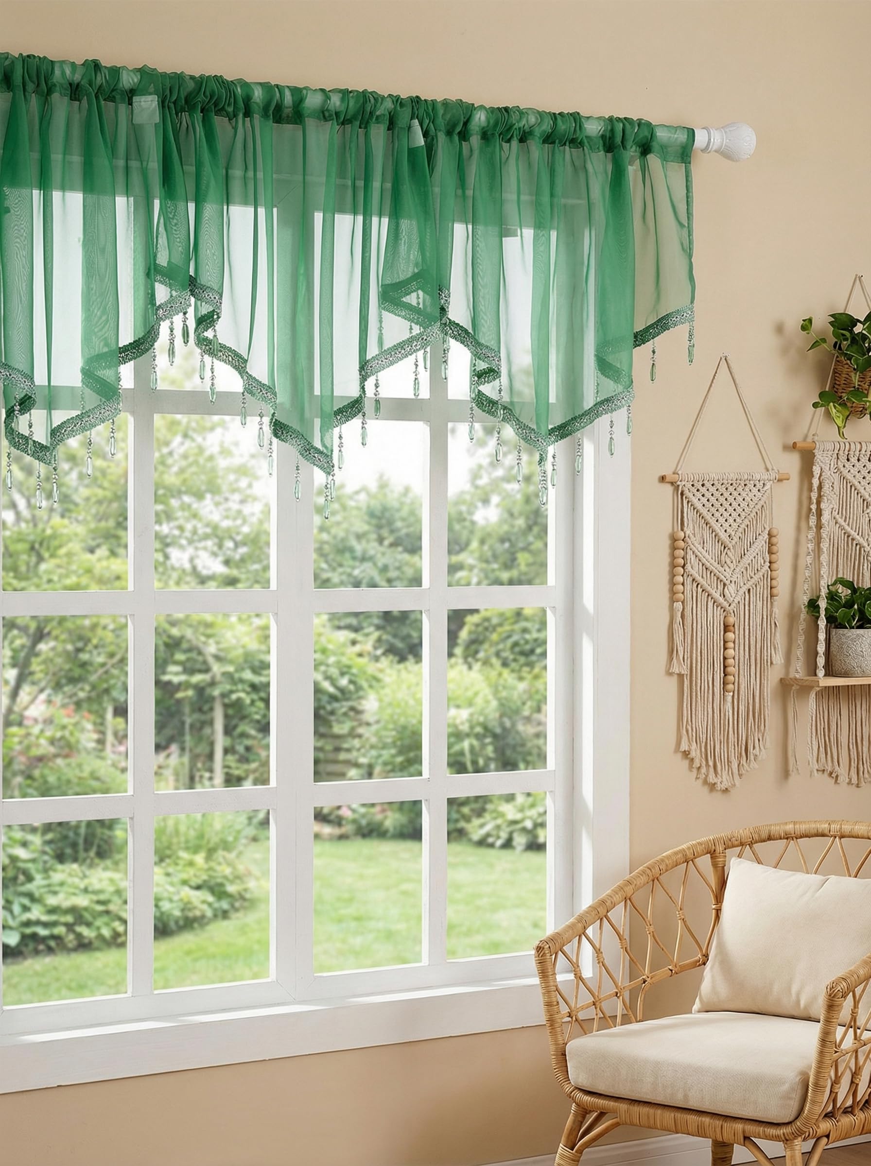 Molaxhome Swag Curtain Scalloped Curtain Valance Drape Sheer Lace Panel 1pc, Dark Green, W 51.2" x L 23.6" (1 Panels) - Image 2