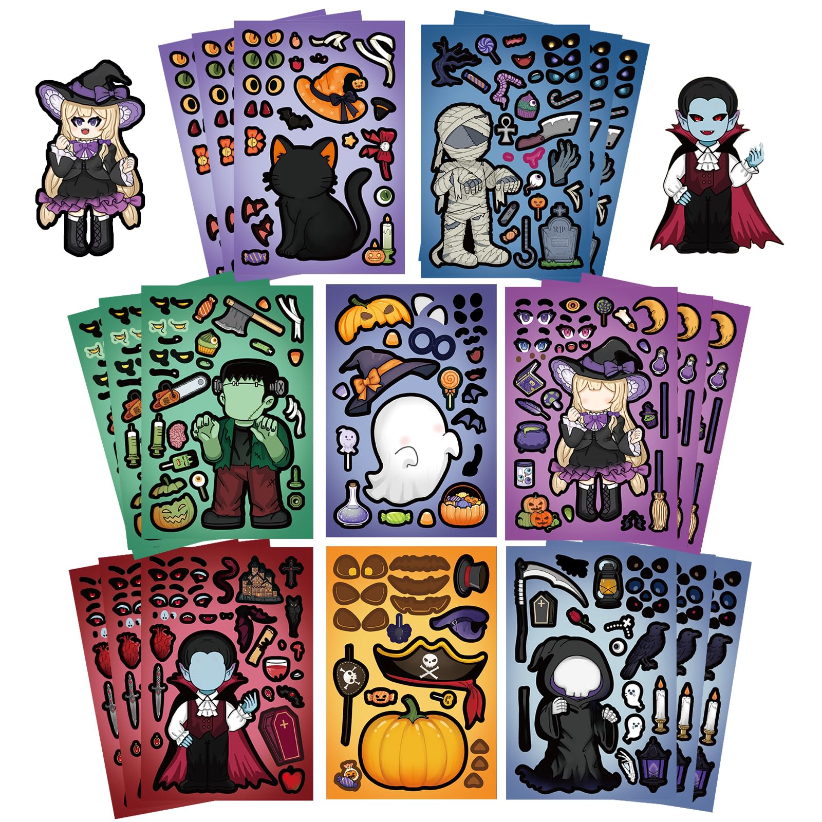 24 Sheets Halloween Stickers, Make a Face Sticker, Make Your Own Halloween Characters Stickers for Treat Bags, Goodie Bags, Trick or Treat Gifts, Party Favors