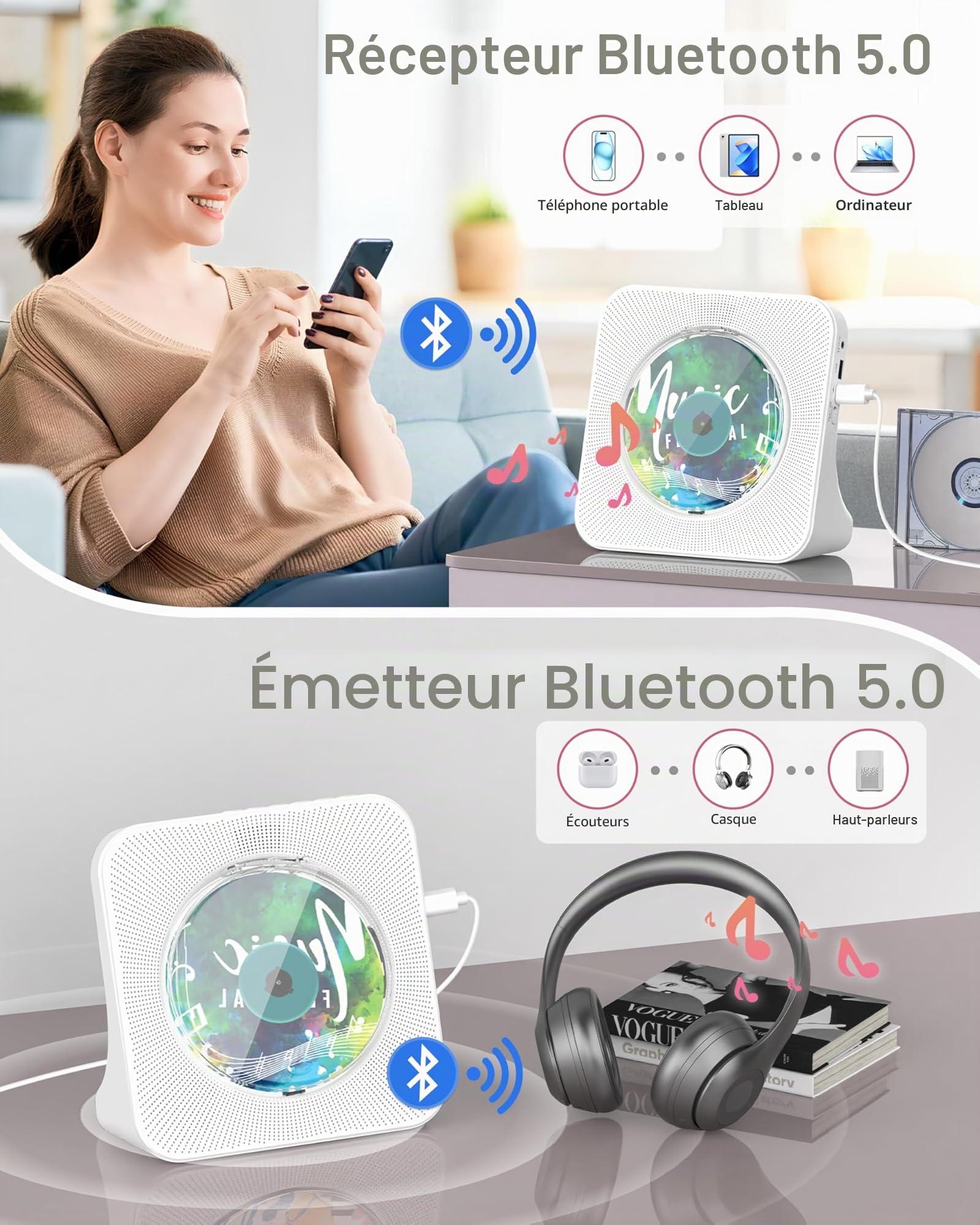 Greadio Lecteur CD Portable avec Bluetooth 5.0,CD-Musique-avec-Télécommande,Haut-Parleur Son HiFi,Protection Contre la poussière,Ecran LED,Radio FM,Supporte AUX/USB,Prise Casque pour Cadeau (Blanc)