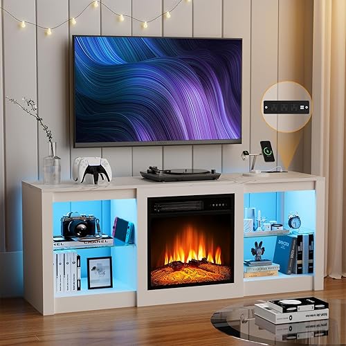 Soporte de TV de 58 pulgadas con chimenea de 18 pulgadas, centro de entretenimiento con luz LED para TV de 65 pulgadas, gabinete de TV blanco con