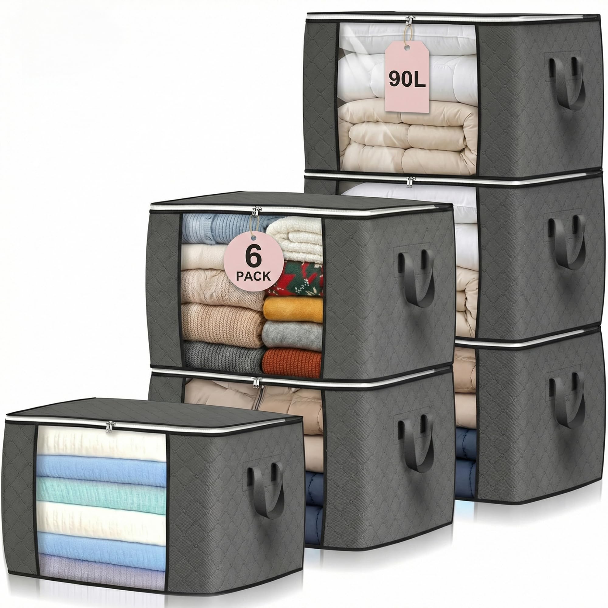 Budding Joy 6 Pack 90L Storage Bags, Large Clothes Storage Bags with Zips Durable Handles Thick Fabric for Clothes, Bedding, Blankets, Comforters and Toys (Grey)