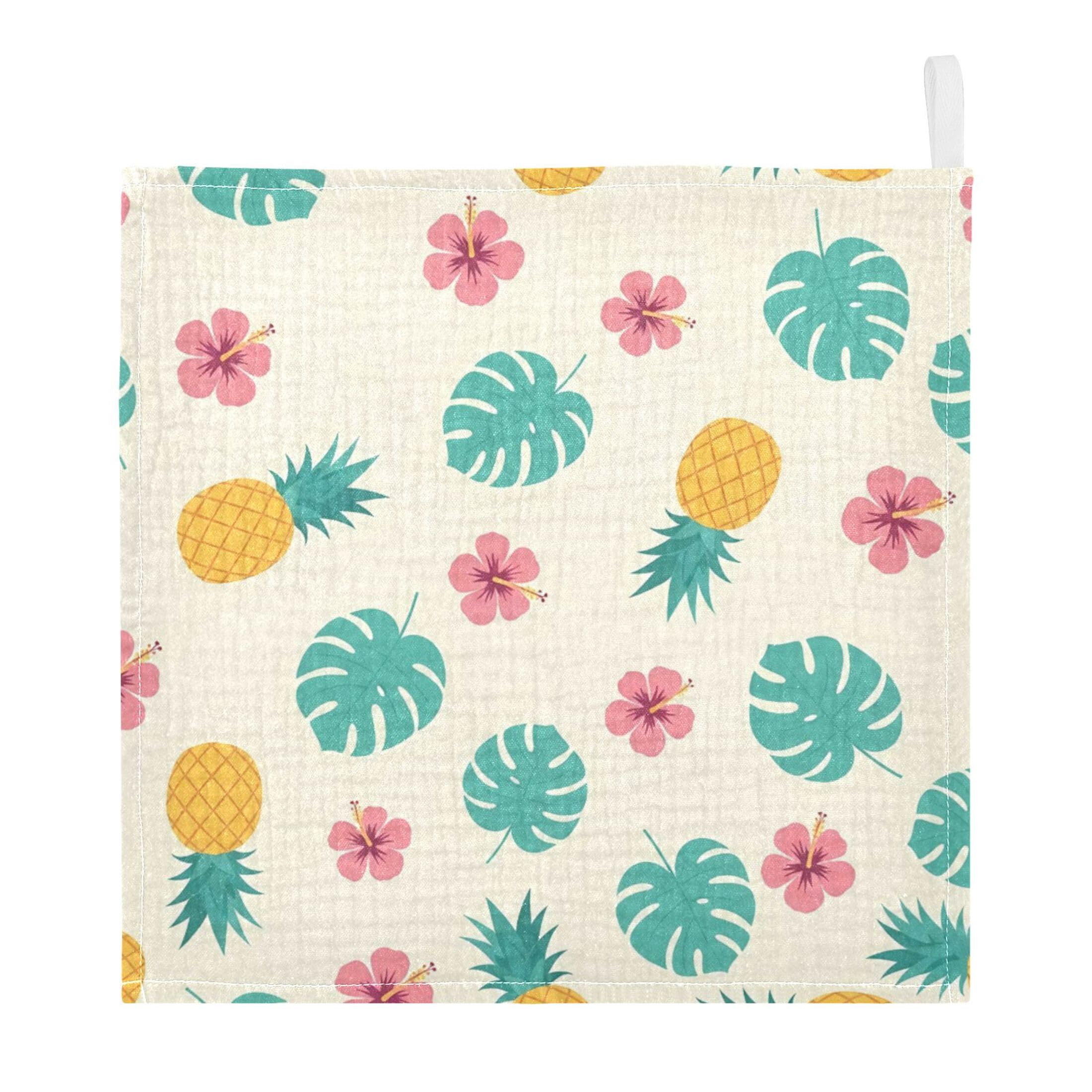 Fuauuyl Pineapples Monstera Leaves Baby Muslin Washcloths Cotton Absorbent Soft Burp Cloths for Newborns Infants Toddlers, Reusable Face Towels for Sensitive Skin, 5 Pack, 12x12 in