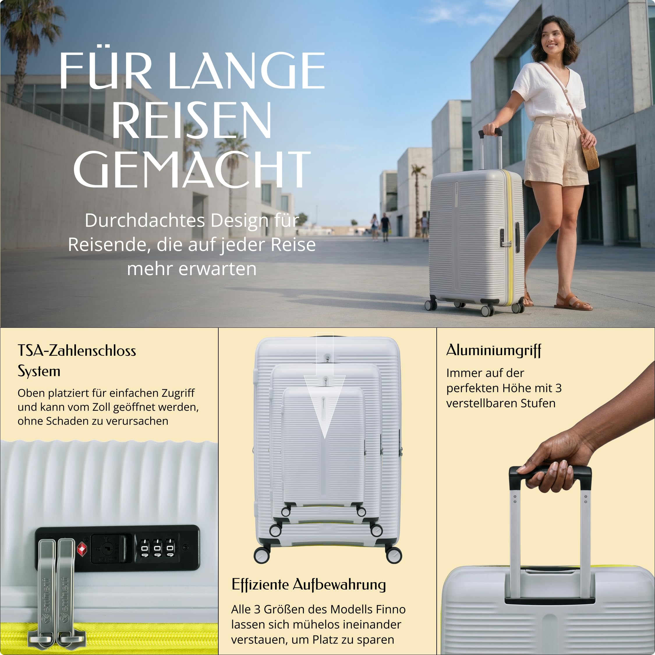 Eminent Finno Kofferset 3-Teilig, Erweiterbar, Hartschalenkoffer, 4 Rollen, Leicht, TSA Schloss, Handgepäck Mittel Groß, Reisekoffer Rollkoffer Urlaub Reise Grau