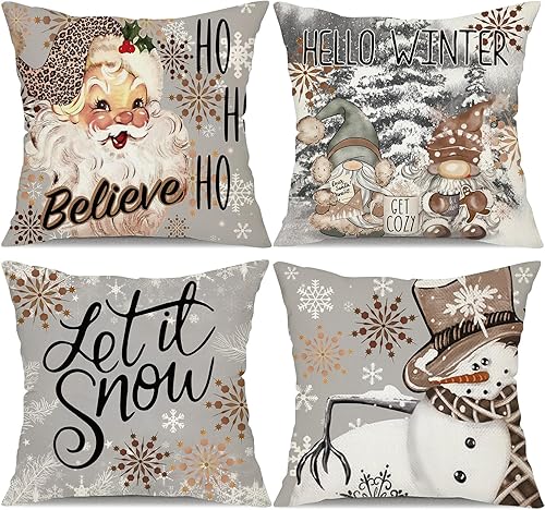 Juego de 4 fundas de almohada de Navidad de 18 x 18 pulgadas, diseño de copos de nieve, gnomos de árbol de Navidad, rústico, para invierno,