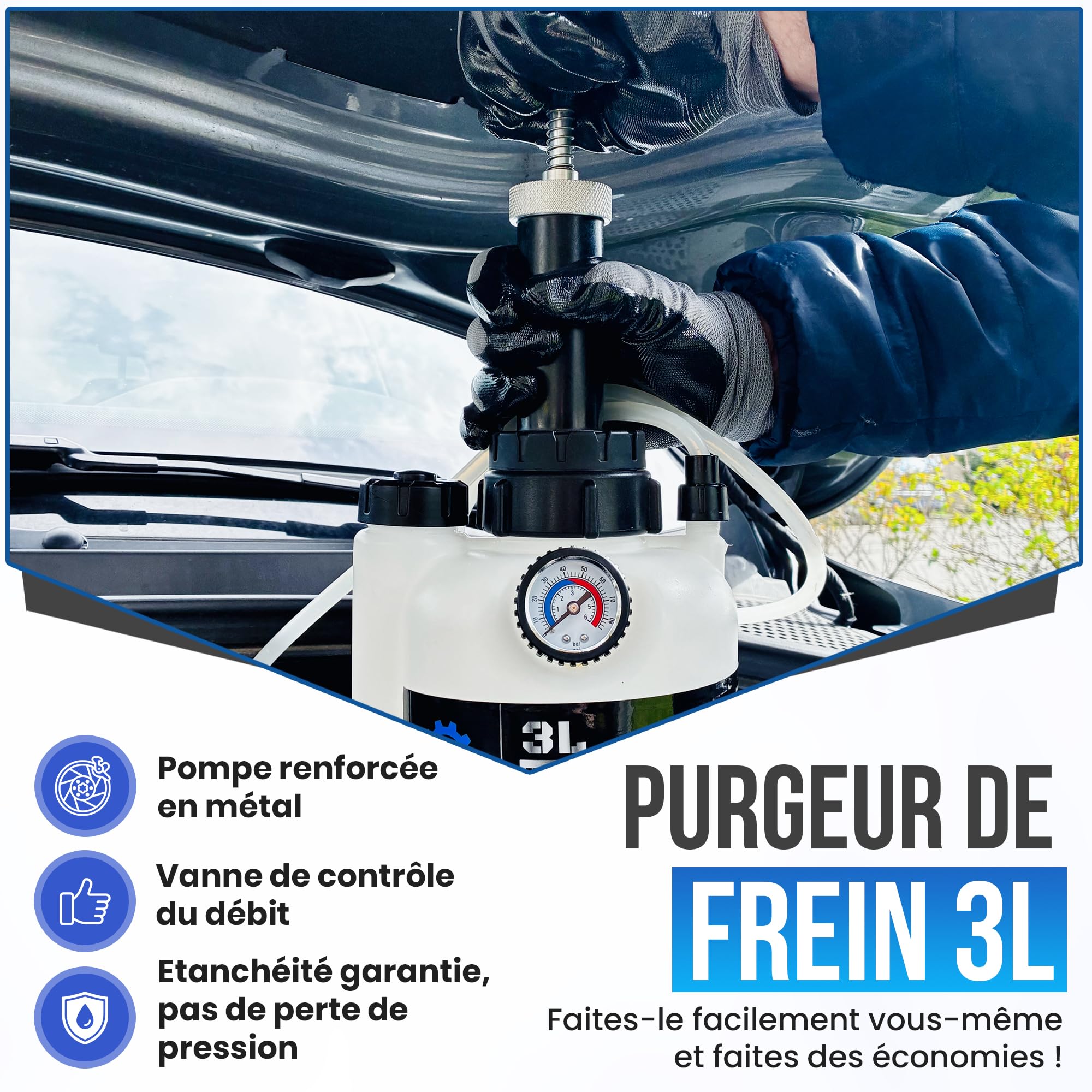 Purgeur de Frein 3L - Pompe renforcée en métal - Valve de Contrôle du Débit - Adaptateur Universel E20 - Entonnoir et Gants de Sécurité Offerts - Bouteille de Collecte 1L