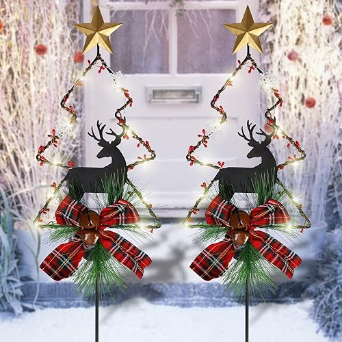 Miniatura 7 de MorTime Paquete de 2 luces solares iluminadas para jardín de Navidad, estacas LED de 33 pulgadas para árbol de Navidad al aire libre, jardín,