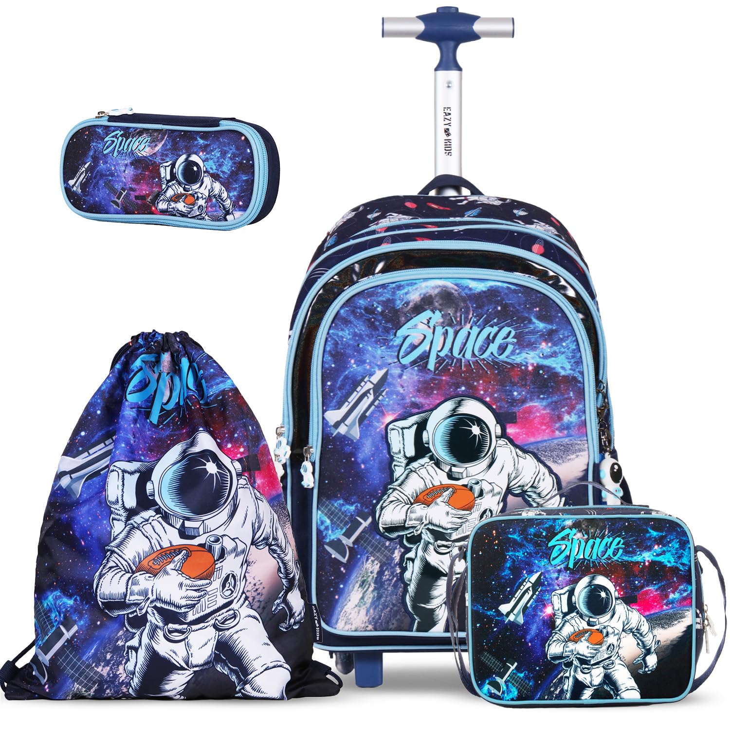 Eazy Kids - Back to School - 18" Set of 4 School Bag Lunch Bag Activity Bag & Pencil Case Astronaut-Blue