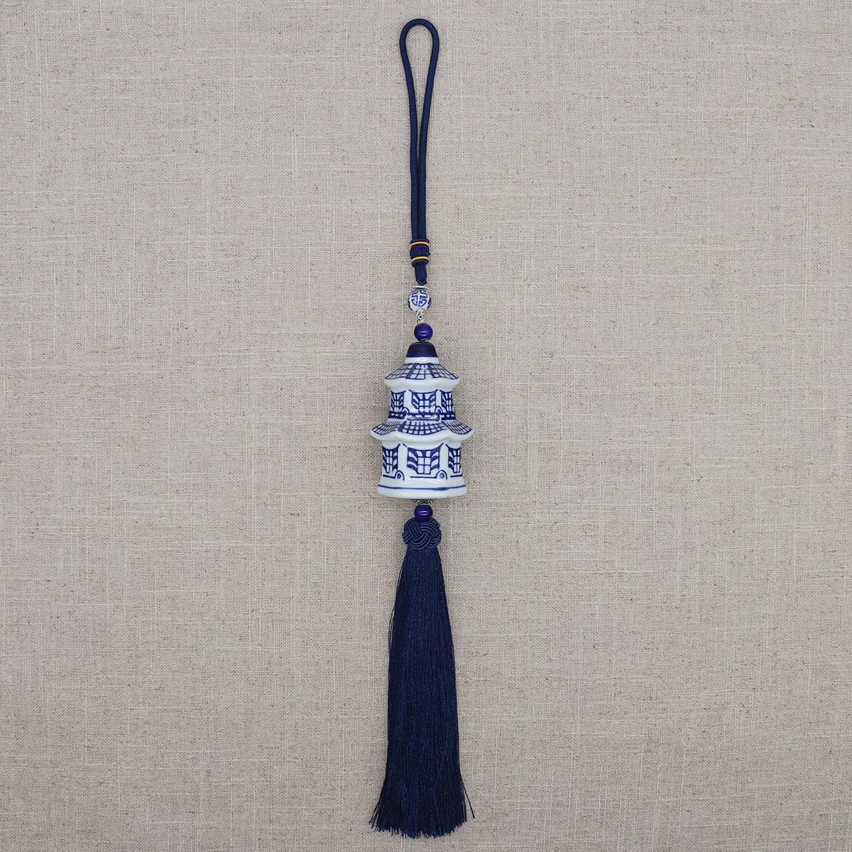 Chinese Ancient Pagoda Porcelain Pendant with Dark Blue Tassel Hanging Ornament