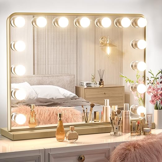 Keonjinn Gold Vanity Mirror with Lights, 15 Replaceable