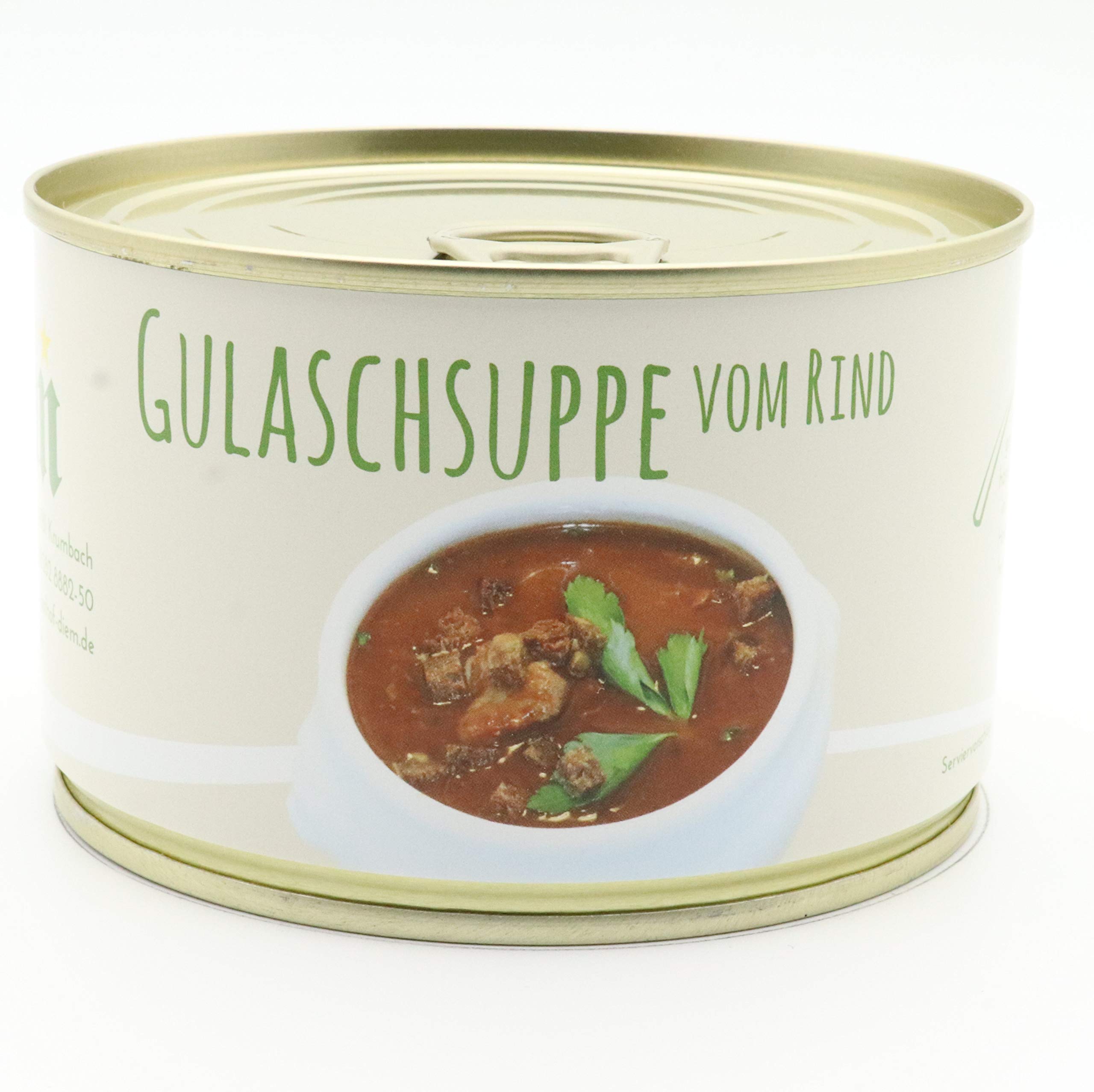 Diem Suppe Paket , Probierpaket - Lieblingssuppe - Apfel Sellerie Suppe, Zwiebelsuppe, Kartoffelsuppe, Karotten Orangen Suppe, Tomatencremesuppe, Gulaschsuppe 6 x 400g Konserve