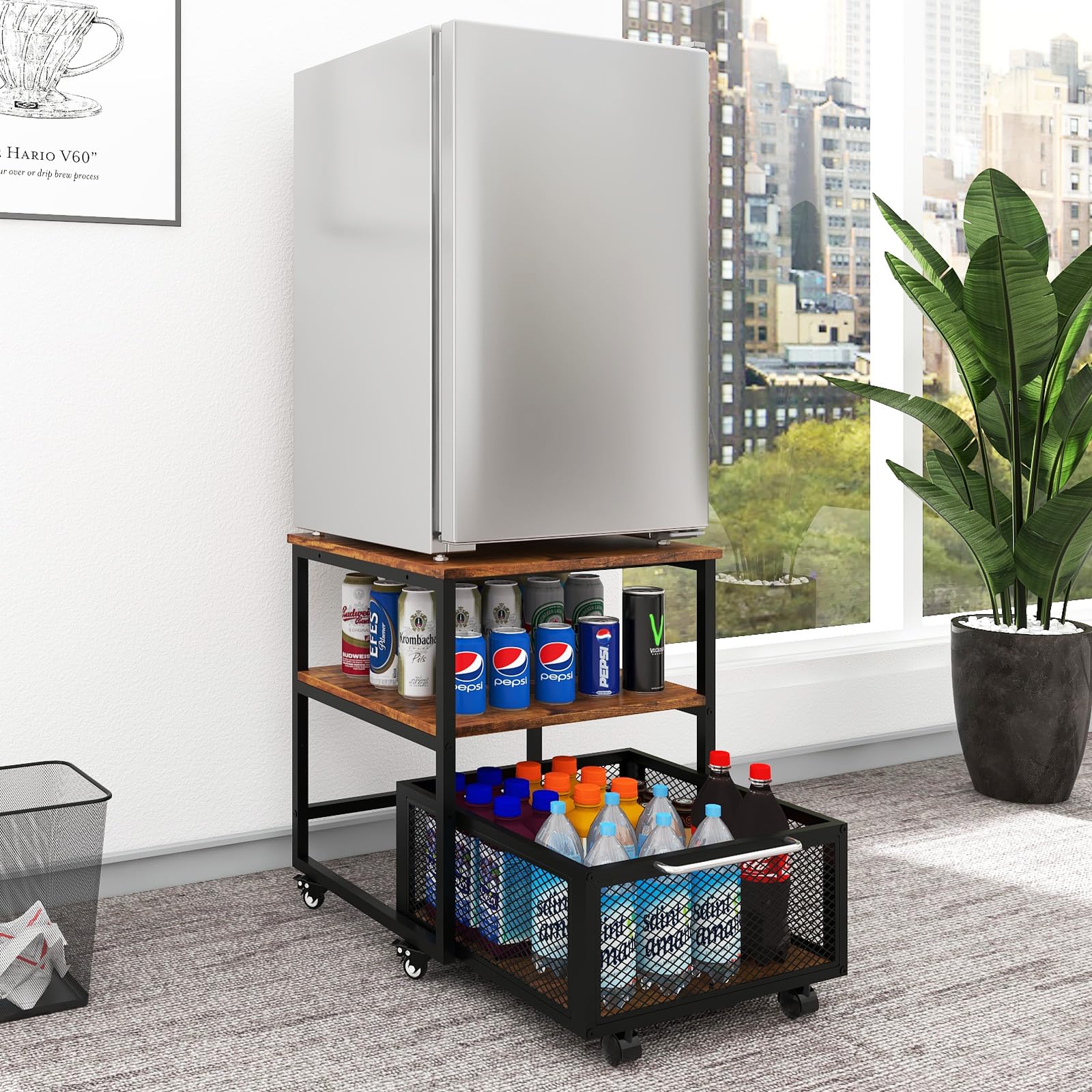 PUNCIA Support de Réfrigérateur 50x50x60cm avec Panier à Tiroir Roulant Plateau de Mini Frigo Portable Armoire à Café avec Grande Capacité Étagère Debout Table pour Chambre Cuisine(Marron)