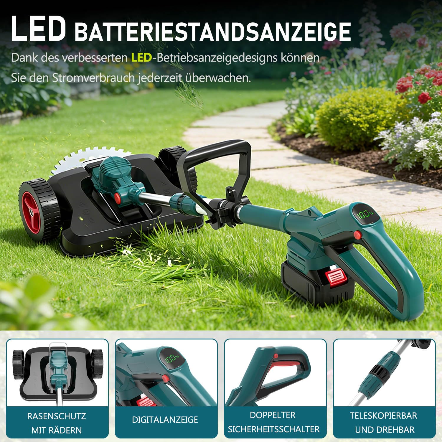 Rasentrimmer mit Akku Für Makita Akkus, 21V -750W Motor Mit 2 Akku und Ladegerät, 4-in-1 Akku rasentrimmer, Akku Freischneider, 20000U/min Mit LCD-Anzeige – für Dickicht und hohes Gras