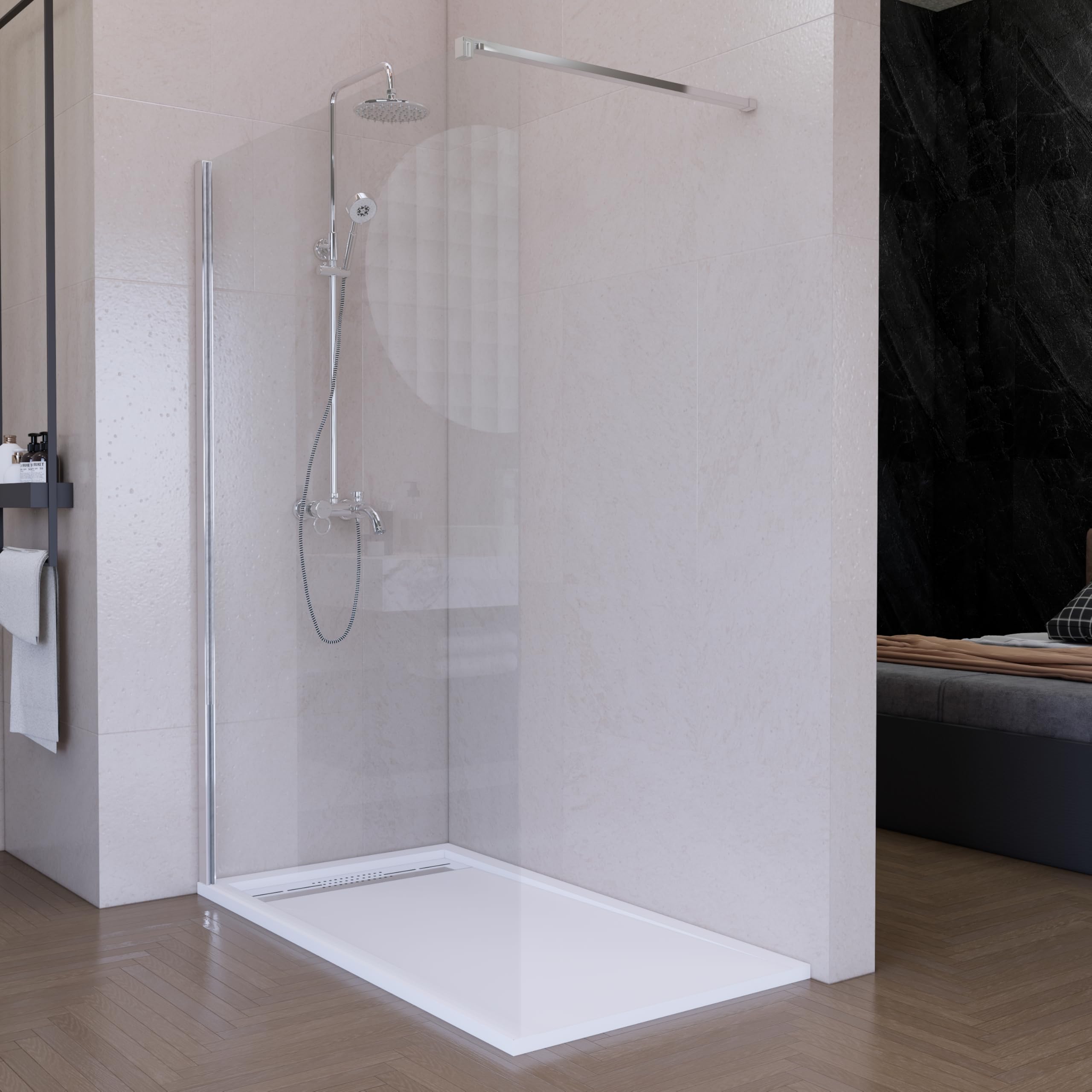 Mampara de Ducha Fija Cromo 120 x 200 cm, Cristal Templado Transparente 8 mm con Tratamiento Antical, Panel Walk In Reversible para Baño Moderno