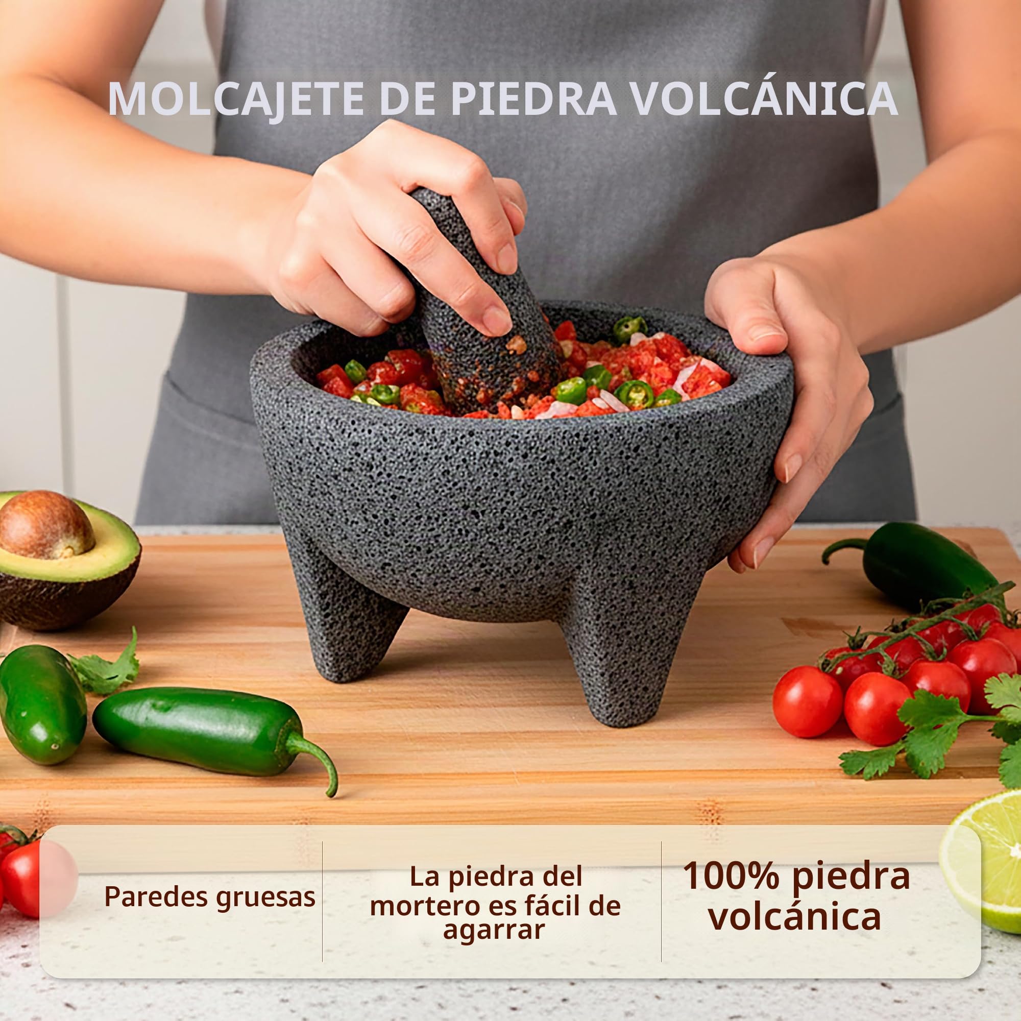 YO PIDO Molcajete 6 pulgadas; mortero de especias; fabricado con piedra volcánica; molcajete hecho a mano en México; Guacamole y máquina de salsa; incluye piedra de mortero