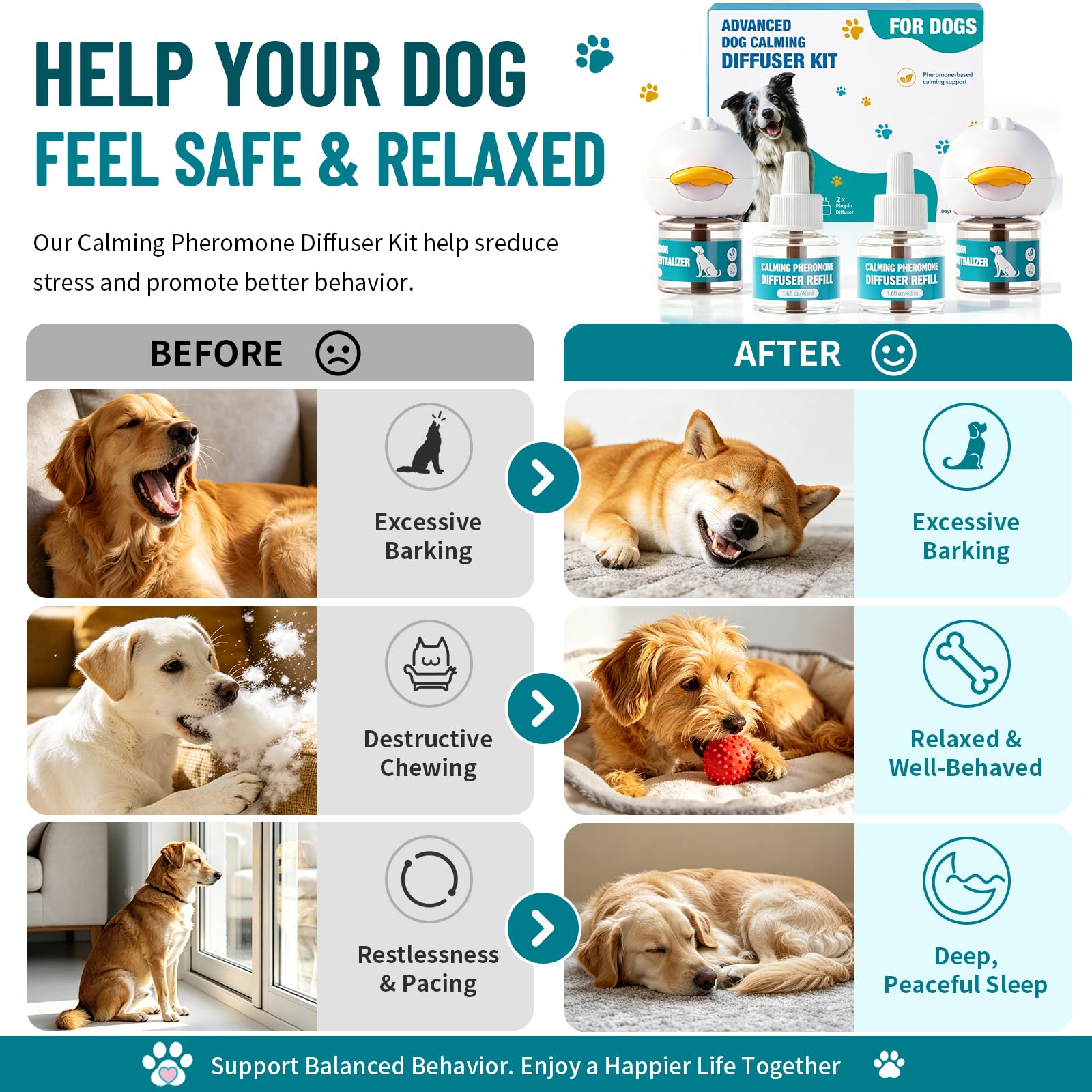 Upgraded Dog Calming Diffuser with 2 Plug-in + 4 Refill, Dog Calming Pheromones Diffuser Starter Kit for Anxiety Relief, Reduce Barking Aggression Stress