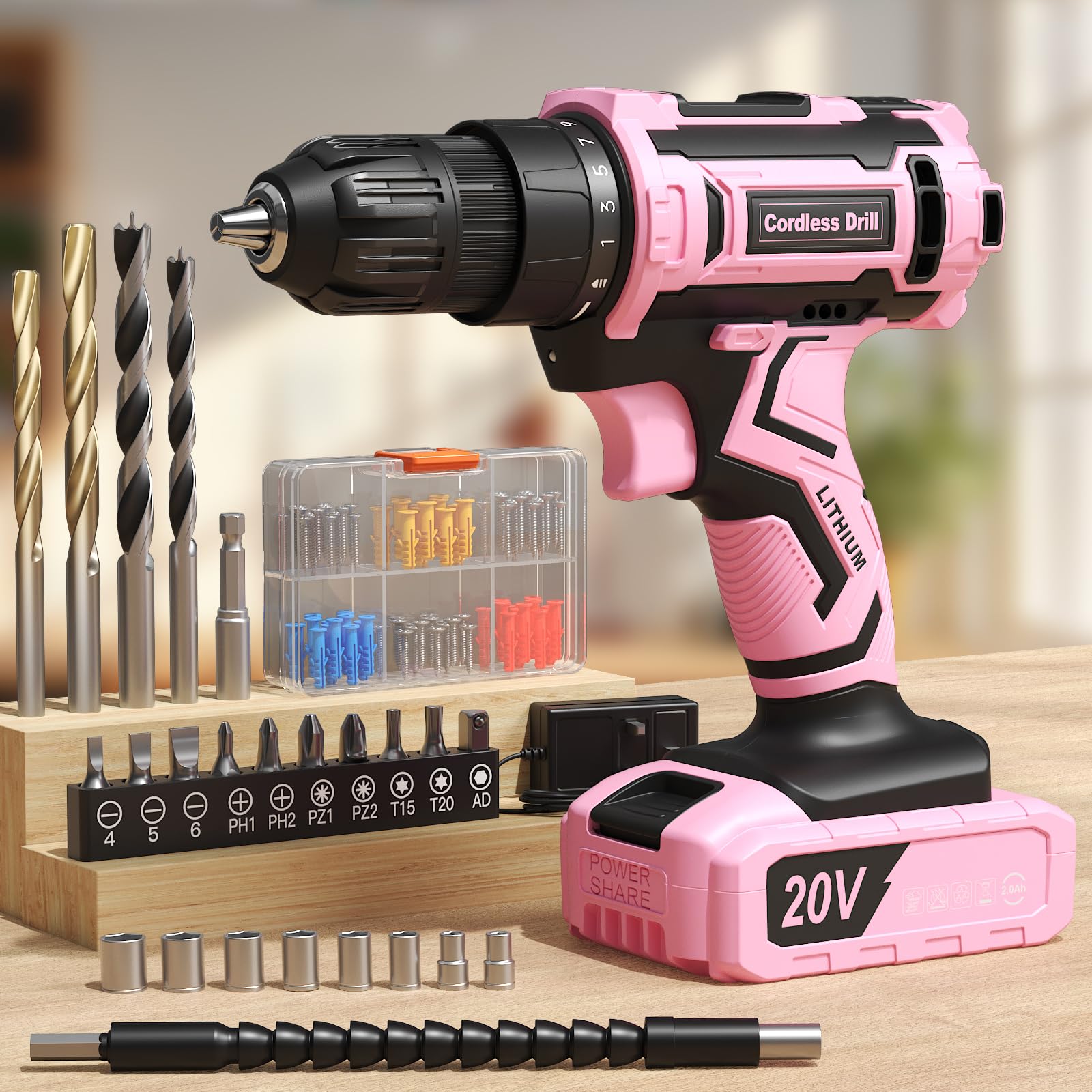 Pink Cordless Drill Set, 20V Power Drills with 2.0Ah Battery, 25+1 Torque 370 in-lb, 85PCS Drills Bit Accessories Kit, Variable Speed Electric Drill with LED Light for DIY Home Repairs & Gifts