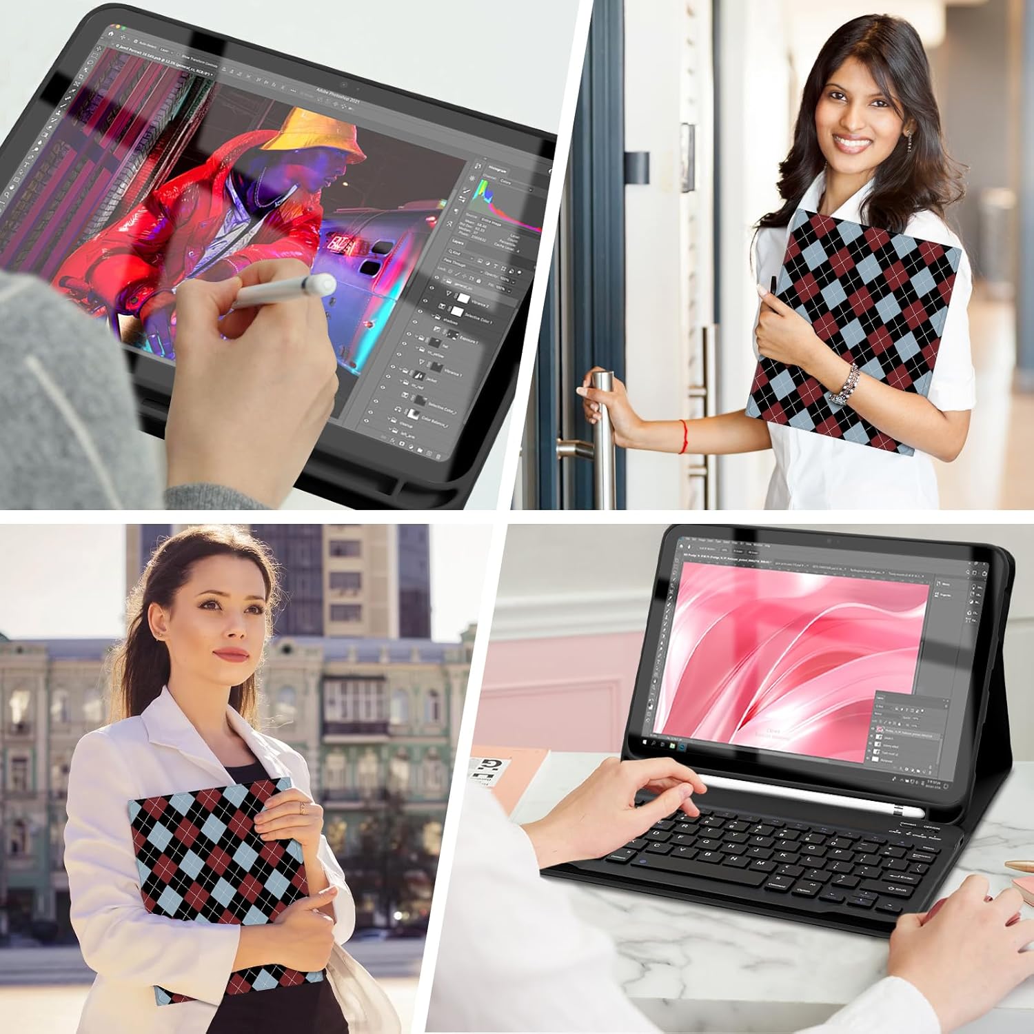 Keyboard Case for iPad 11th 10th Generation with Pencil Holder, Wireless Keyboard Cover for 11th A16 11-inch 2025, 10th Gen 10.9 Inch 2022, Diamond Checkered Plaid Black-SkyBlue-Wine