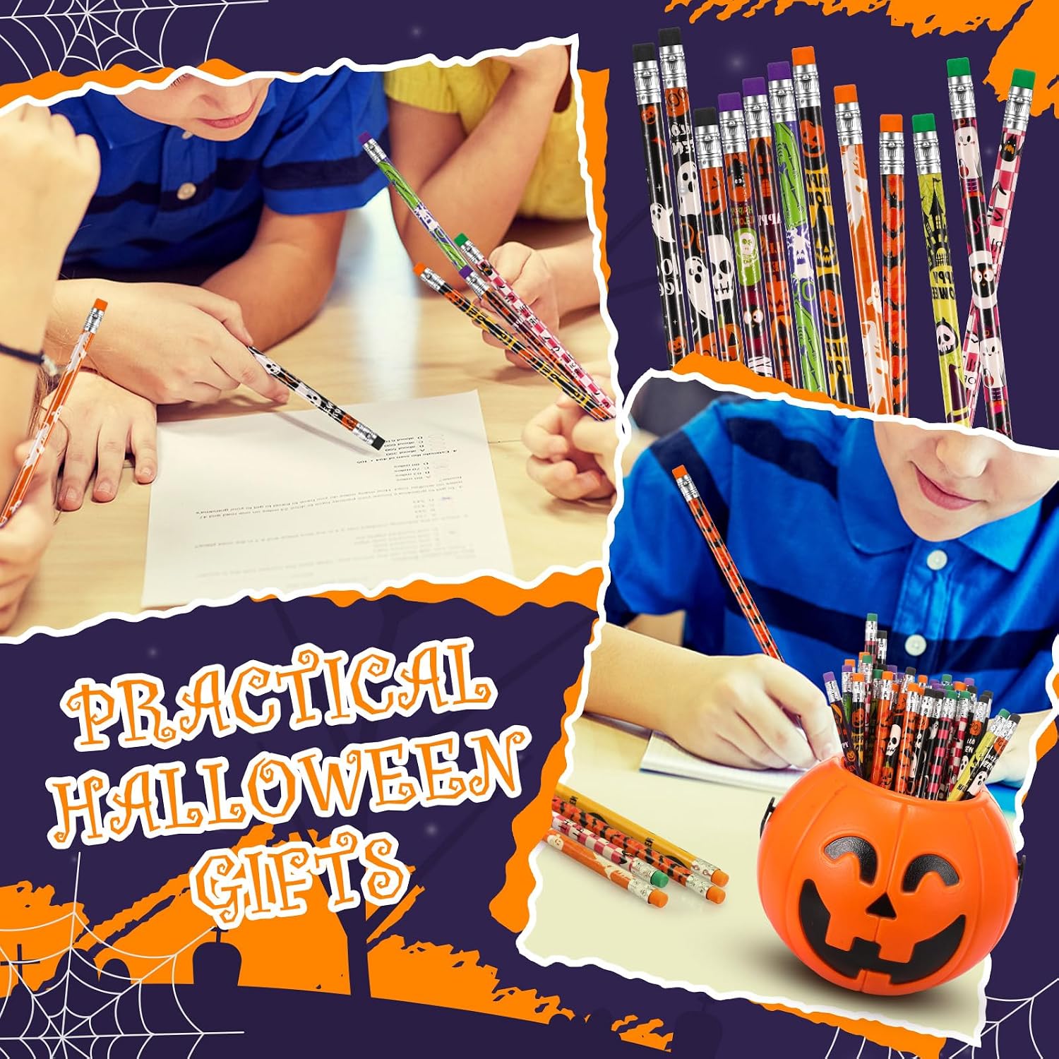 Qilery 600 Pcs Halloween Pencils with Eraser Fun Assortment Colorful Wood Pencils 12 Design Halloween Themed Spooky Ghost Pumpkin Bat Spider for Prize Party Favor Birthday Party Supplies