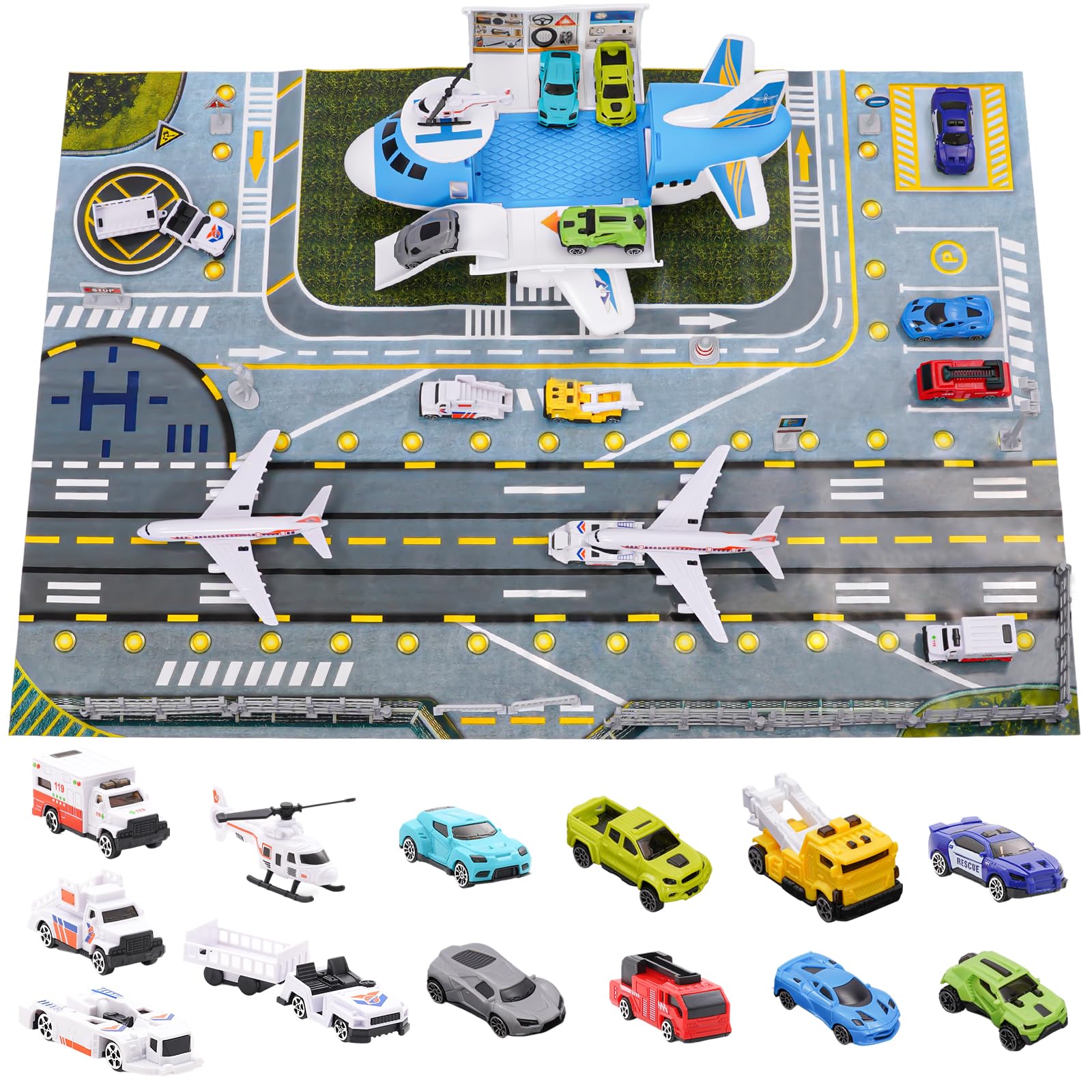 Airport Toys Airplane Car Toy Set for Kids with Trucks, Helicopter, Planes, Signs, Fire Trucks Race Cars and Airport Playmat, Great Military Toys Parking Lot Toy for 3 4 5 6 7 8 Boys Girls Toddler