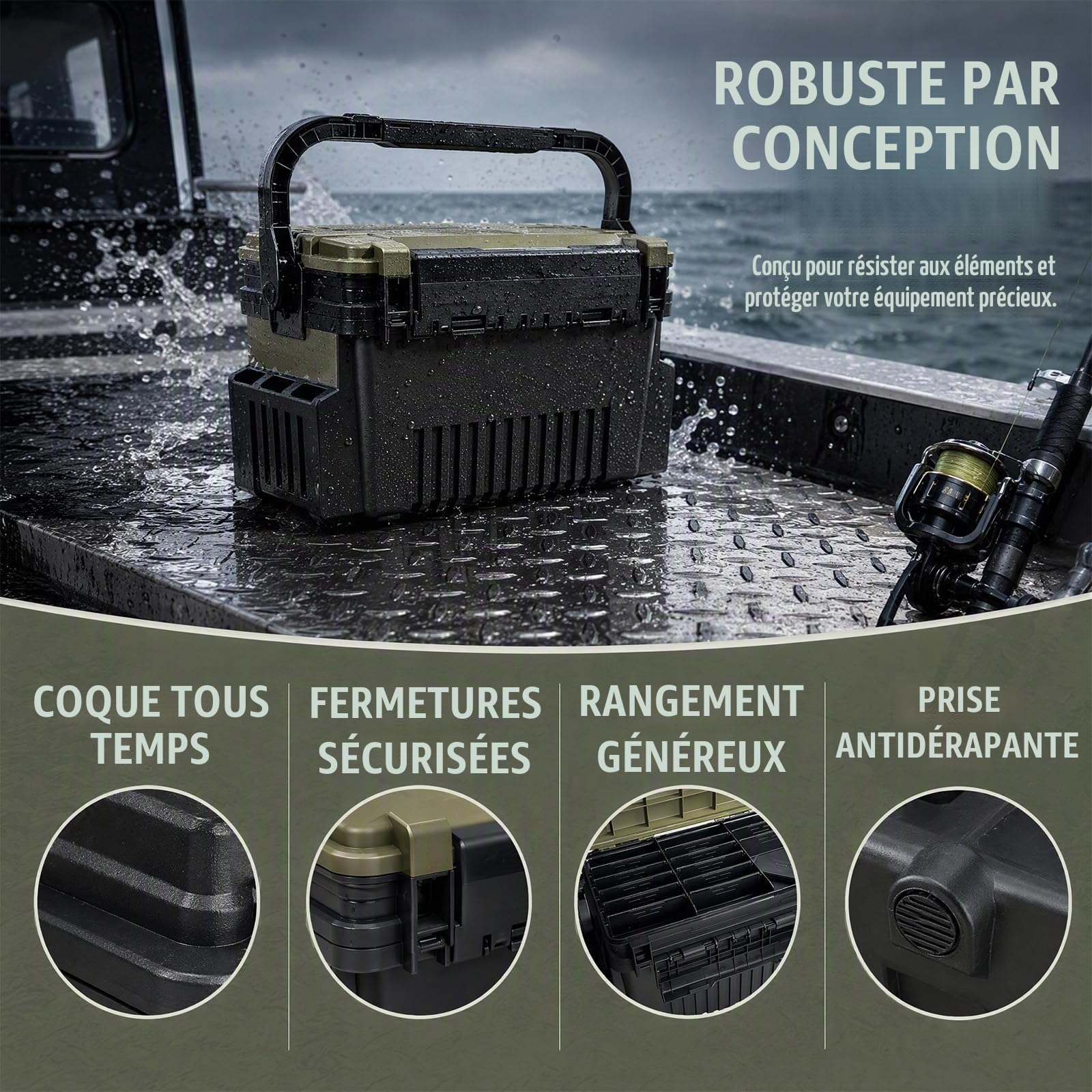 Mallette de pêche à 2 couches avec porte-canne, boîte de rangement verte