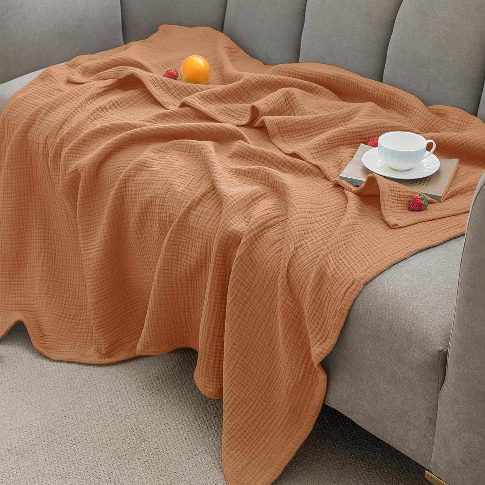 Couverture en Mousseline de Coton Adulte ÉTé, Jeté de Lit 6 Couches Gaze Respirante Soft, Couvre-Lit LéGer Texture Bulle Toutes Saisons pour Canapé Lit Plaid (Regular (130x150cm),Caramel)