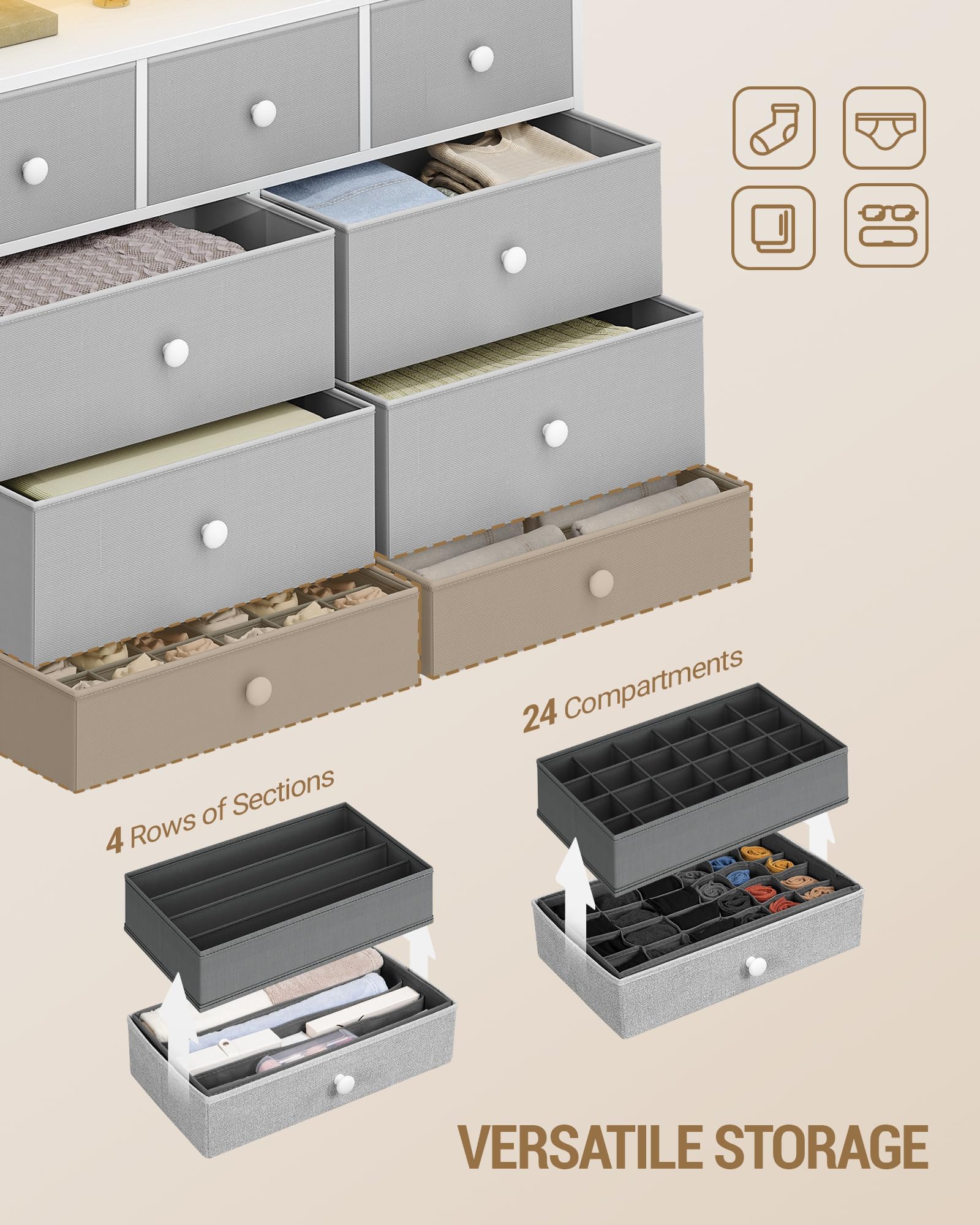Hzuaneri Kommode mit 9 Schubladen, LED-Lichtleiste, 2 USB & 2 AC-Anschlüsse | Vielseitiges Aufbewahrungsmöbel für Wohnzimmer und Schlafzimmer, 30 x 100 x 95 cm, Weiß-Grau DU02913WEU