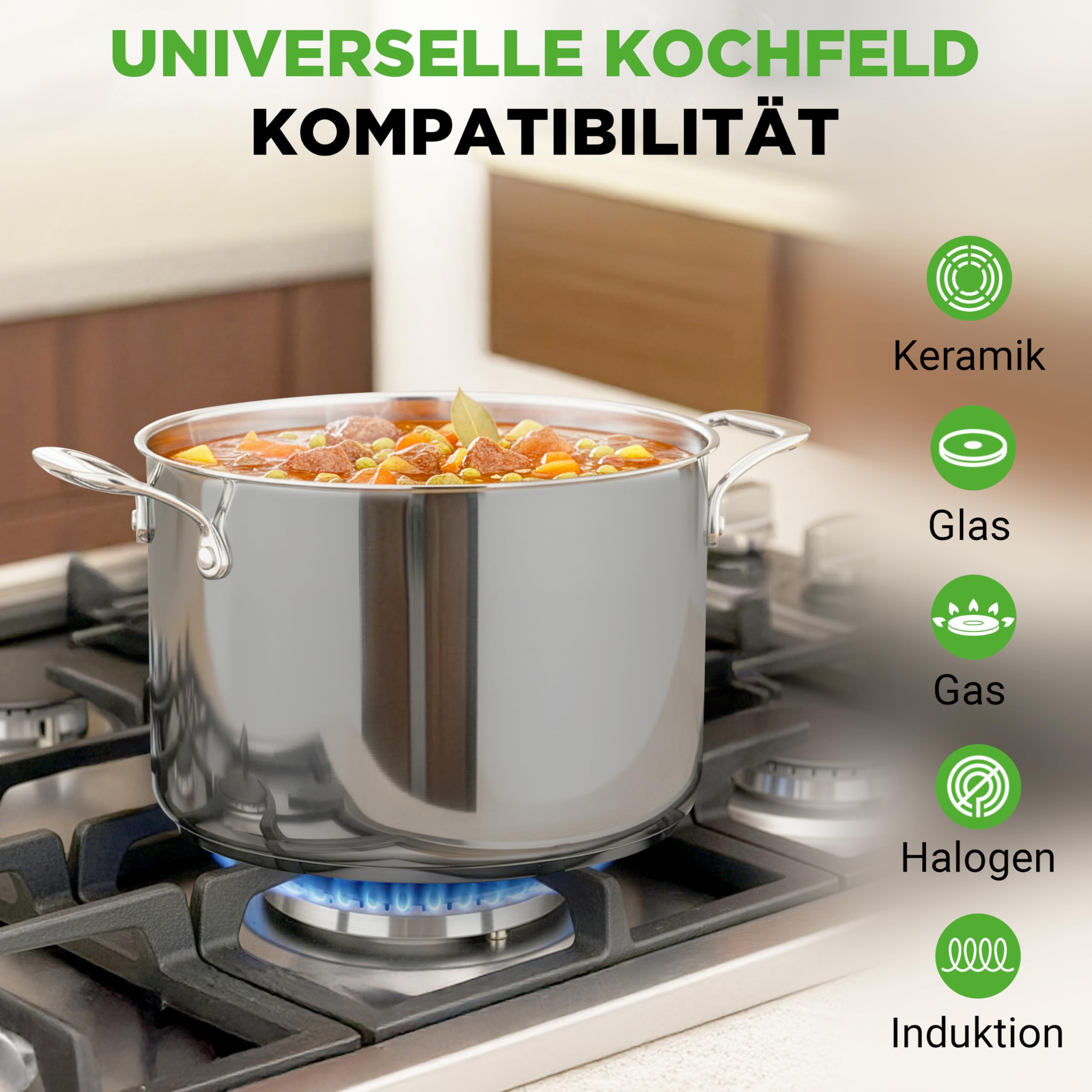 NutriChef Kochtopf groß, 8L Suppentopf Induktion aus Edelstahl mit Glasdeckel, 18/8 Großraumtopf Hitzebeständig bis 260 °C, Für alle Herdarten, Spülmaschinengeeignet, Silver