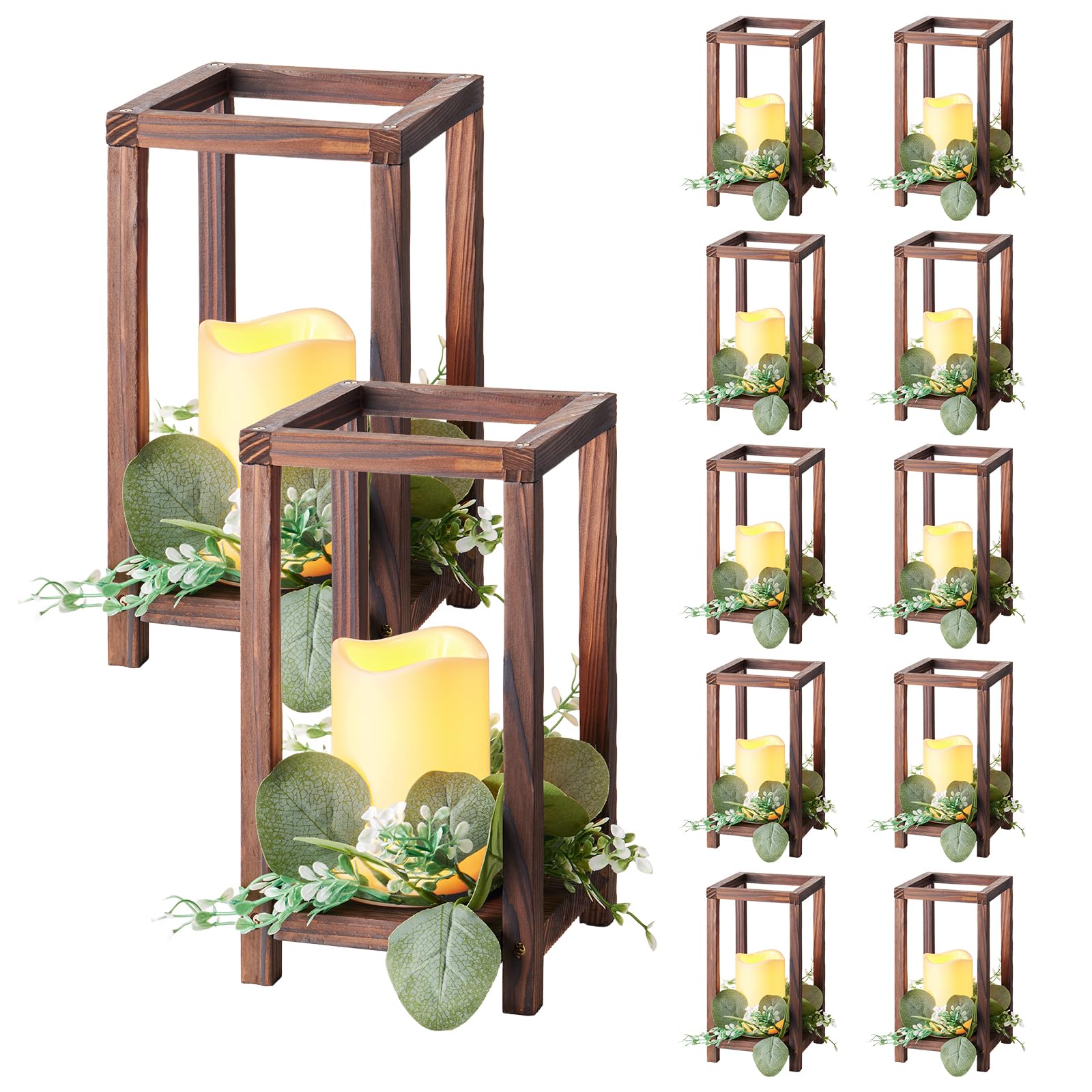 VEVOR Set Centrotavola Lanterna in Legno 12 Pezzi Portacandele Lanterna in Legno Candele LED Senza Fiamma, Ghirlande di Foglie di Eucalipto per Decorazioni da Tavolo Carico 6,08 kg per Matrimoni
