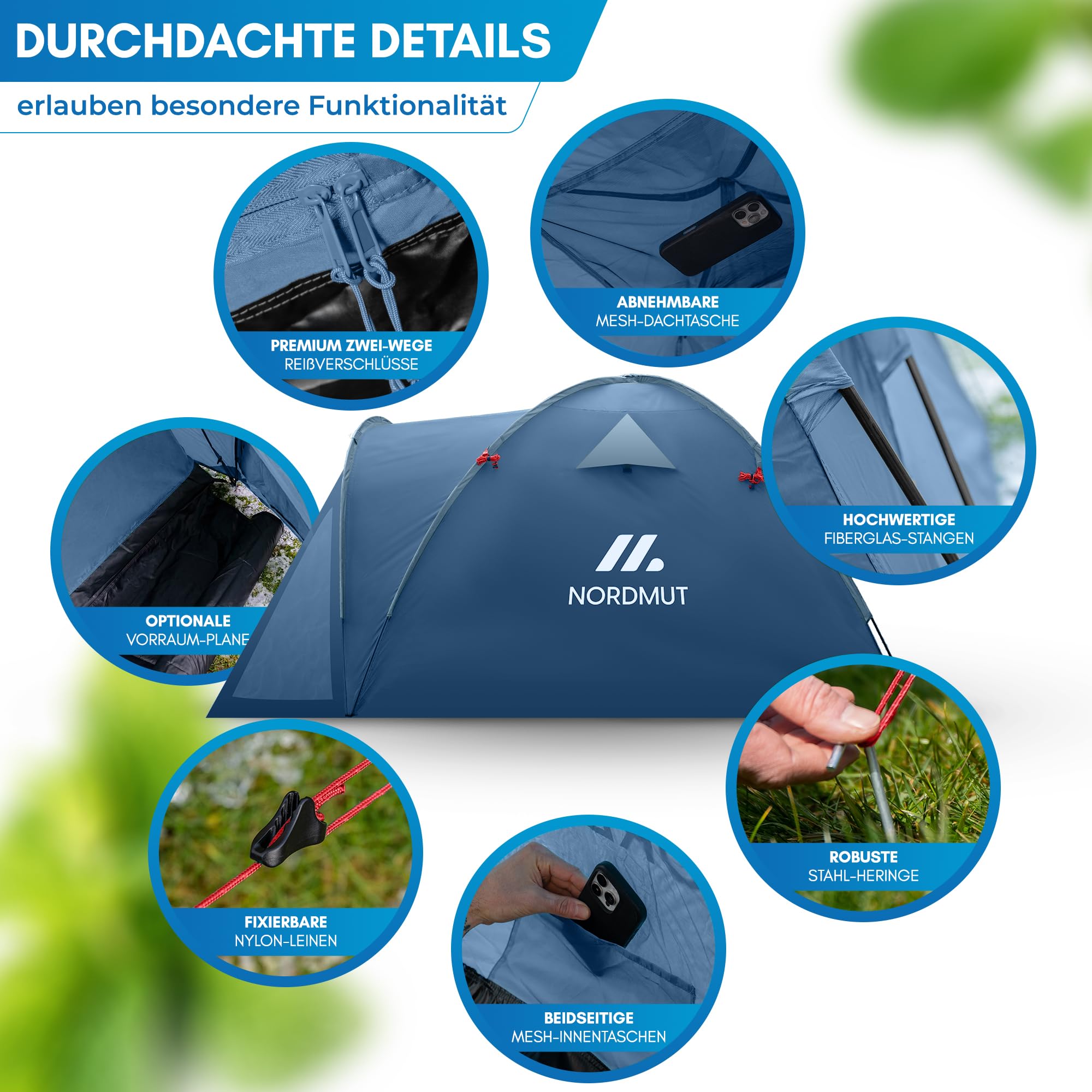 NORDMUT® Campingzelt für 2-4 Personen wasserdicht & leicht – Kuppelzelt mit verschließbarem Vorraum – 2-4 Mann Zelt mit hervorragender Luftzirkulation & kleinem Packmaß