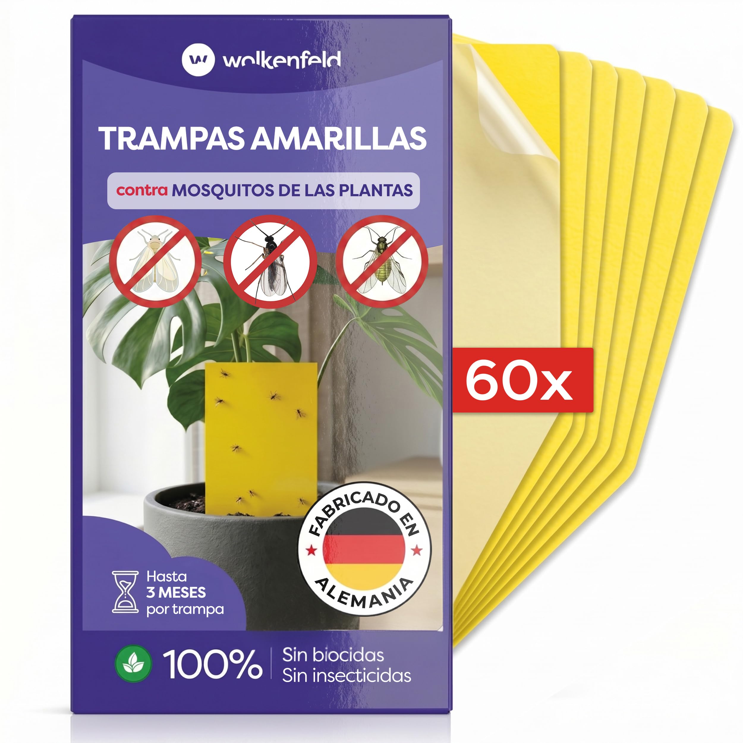 Wolkenfeld Trampa Moscas Plantas 60 Piezas Pegatinas – Trampas Amarillas para Insectos, Atrapa Mosquitos Adhesivo Doble Cara, Sin Insecticida – Interior, Macetas y Invernadero – Made in Germany