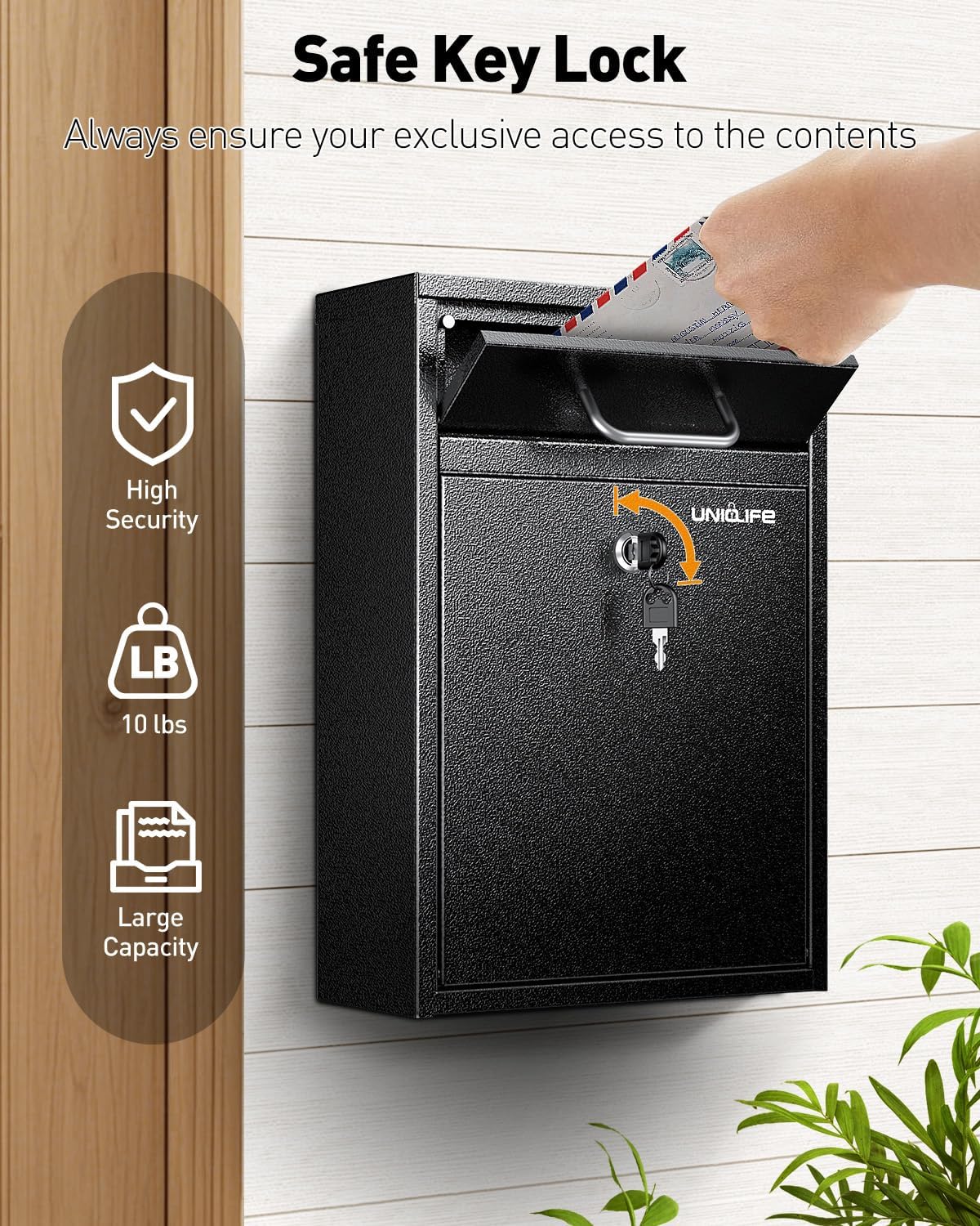 Uniclife Buzón de Pared para Exterior, Antirrobo de Alta Resistencia con Cerradura, Gran Buzón con Llave, Buzón de Seguridad, Buzón de Depósito Seguro, Buzón de Acero para Home Office, Negro