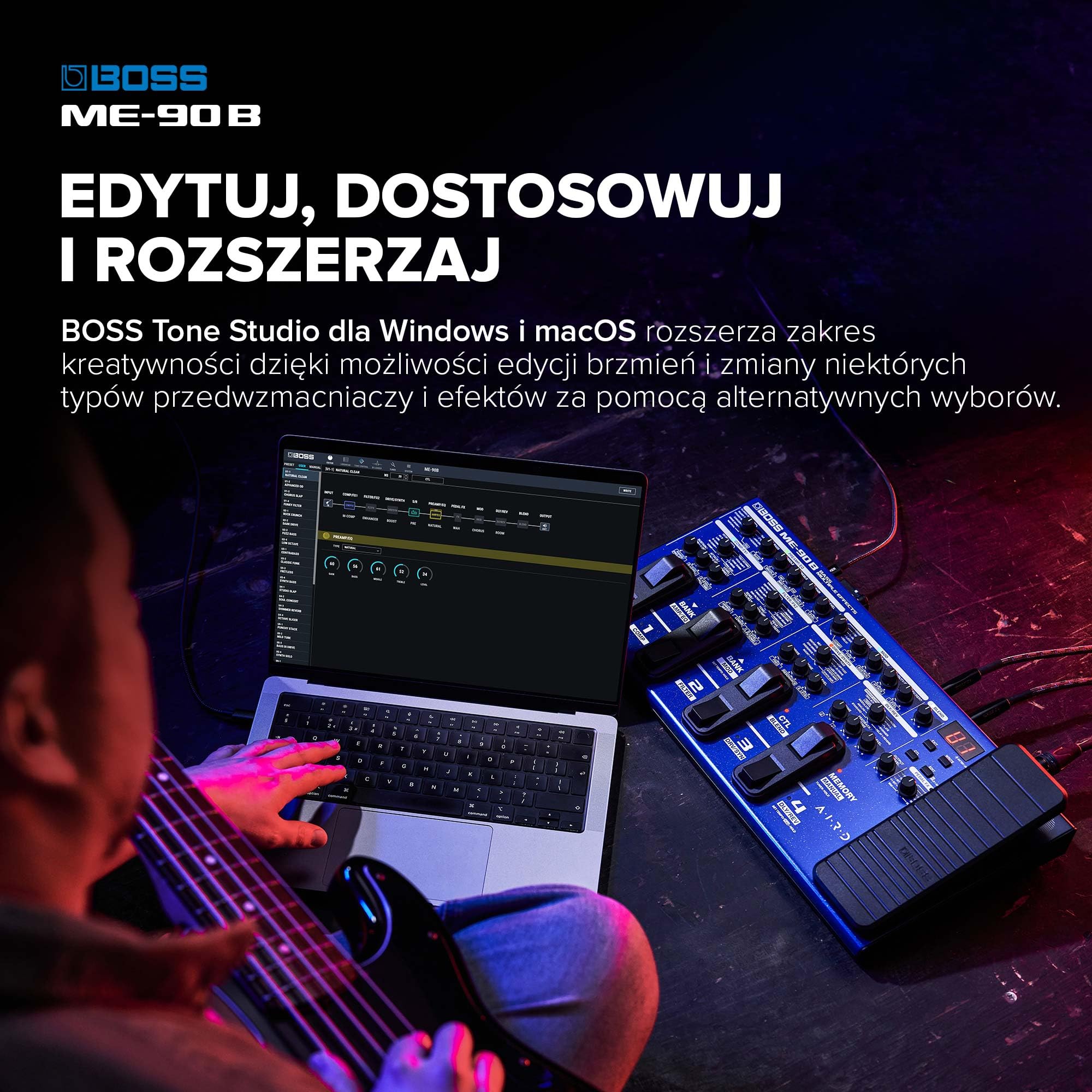 BOSS ME-90B Multiefekt Basowy | Uniwersalny Procesor Basowy | 10 Wbudowanych Modeli Wzmacniaczy AIRD | 61 Efektów z Biblioteki Efektów Basowych BOSS | 61 efektów z biblioteki efektów basowych BOSS | 8 wielofunkcyjnych przełączników nożnych i przeprojektow