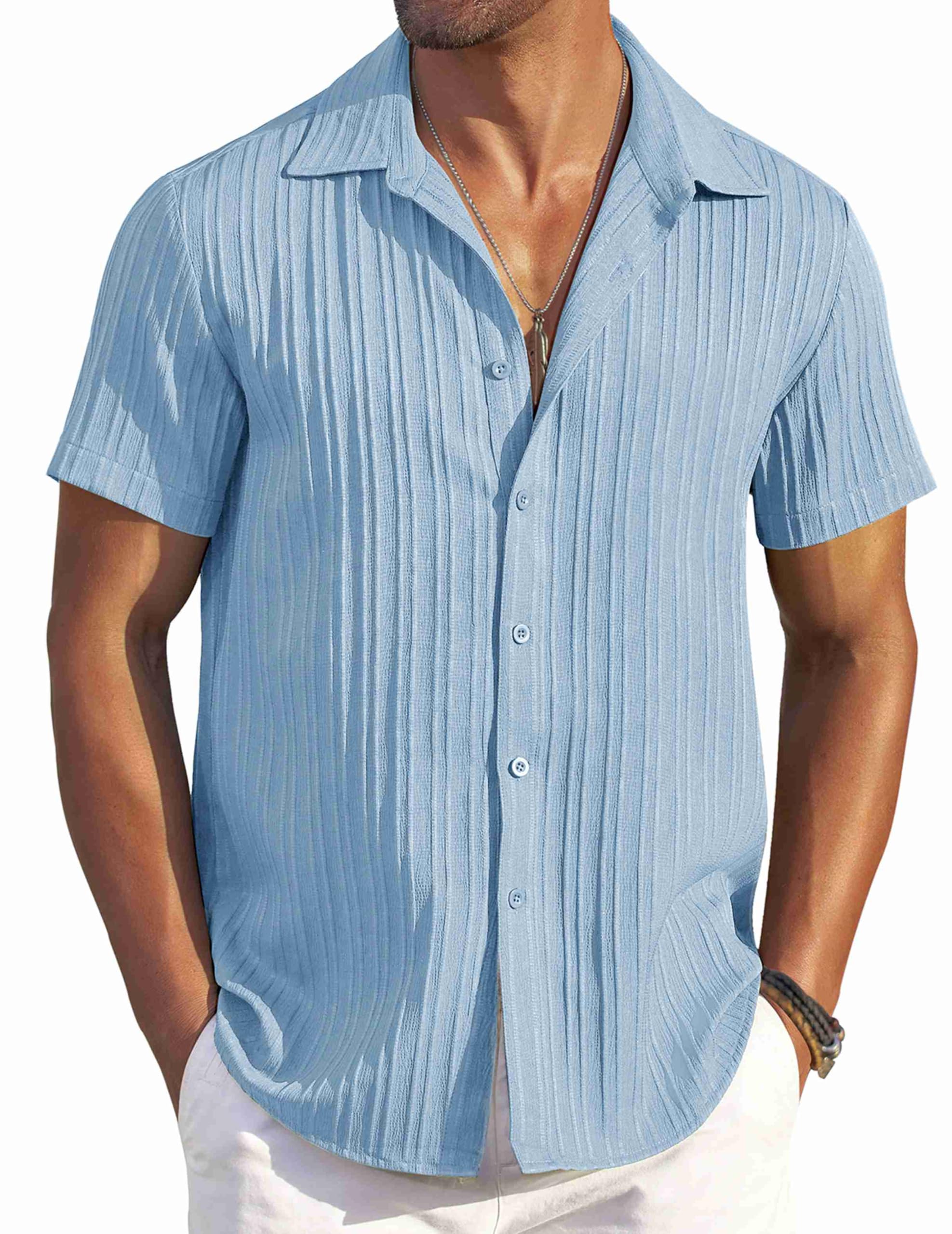 COOFANDY Men's Casual Button Down Shirts Short Sleeve Textured Summer Beach Shirts Light Blue XX-Large
