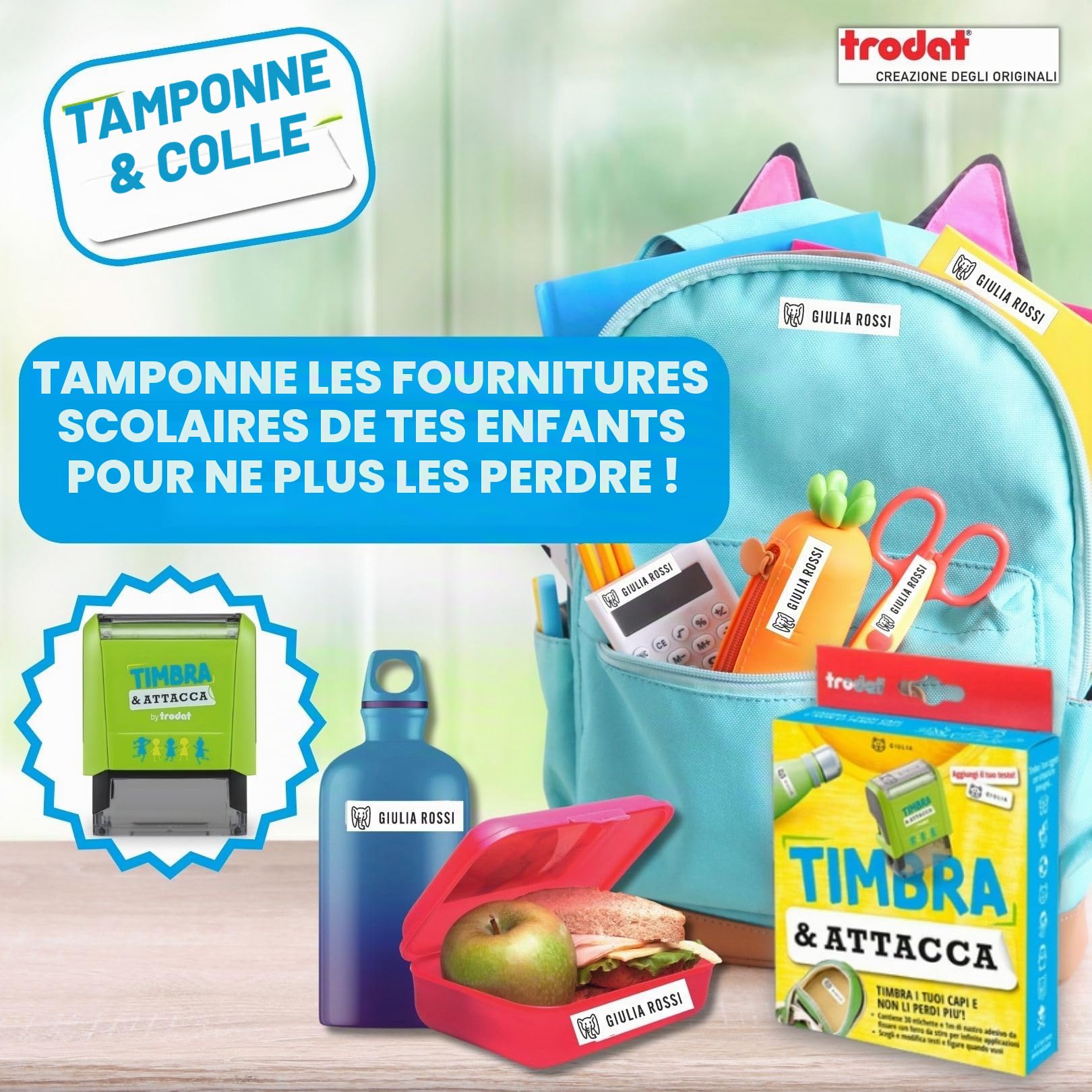 Trodat Tampon et Attache, Tampon Vêtements pour enfants pour la maternelle pour créer des étiquettes autocollantes personnalisées, pour ensemble de maternelle, tampon, polices, pincettes, ruban