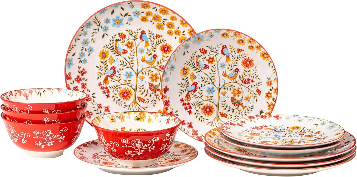 12 Pieces Ceramic Dinnerware Set,Ceramic Serving Dinnerware Service for 4,Bohemian Style Red Floral Pattern Dessert Pasta Plates and Salad Bowls Sets,Porcelain Dishes Set for 4 Home Kitchen Decor