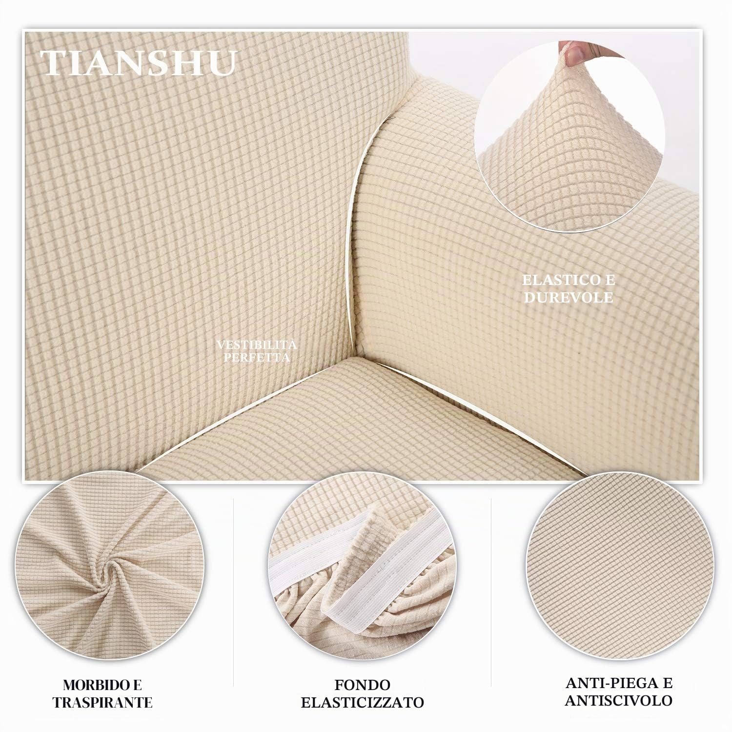 TIANSHU Fodera per Poltrona, Copri Poltrona 3 Posti Elasticizzato Jacquard Antiscivolo Copertura Poltrona Fodere Copridivani Contiene 1 copridivano e 1 coprisedile Divano (3 Posti, Beige)