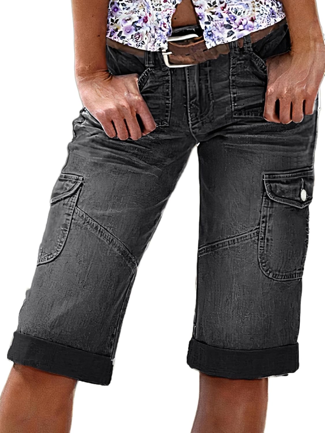 Flamingals Women's Bermuda Denim Straight Leg Shorts with Flap Pockets Mid Waist Casual Shorts Roll Hem