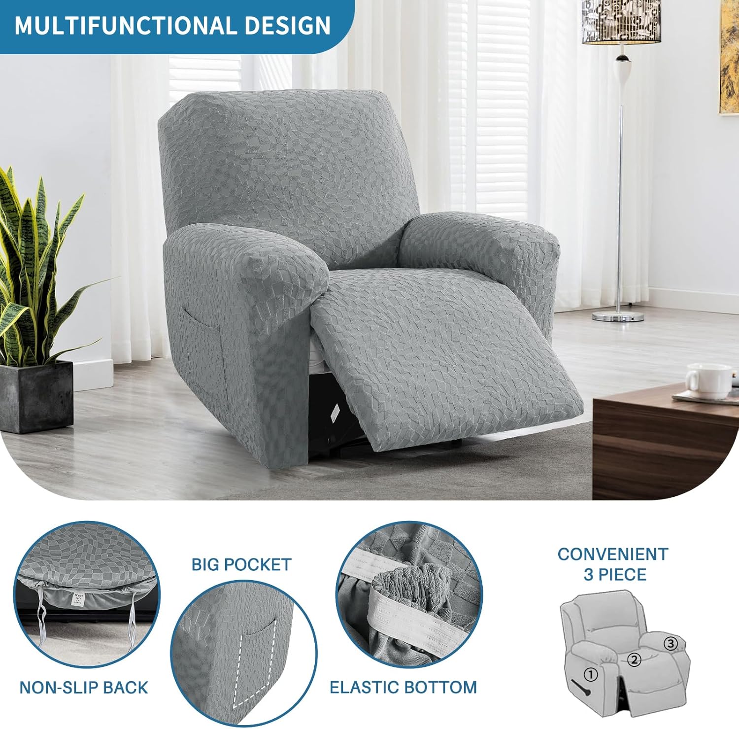 2026 Stretch Recliner Cover 3-Piece (24"-37") Super Soft Recliner Chair Covers with Big Pocket & Anti Slip Ties Stay in Place, Lazy Boy Reclining Slipcover Easy to Put on off Washable, Light Grey