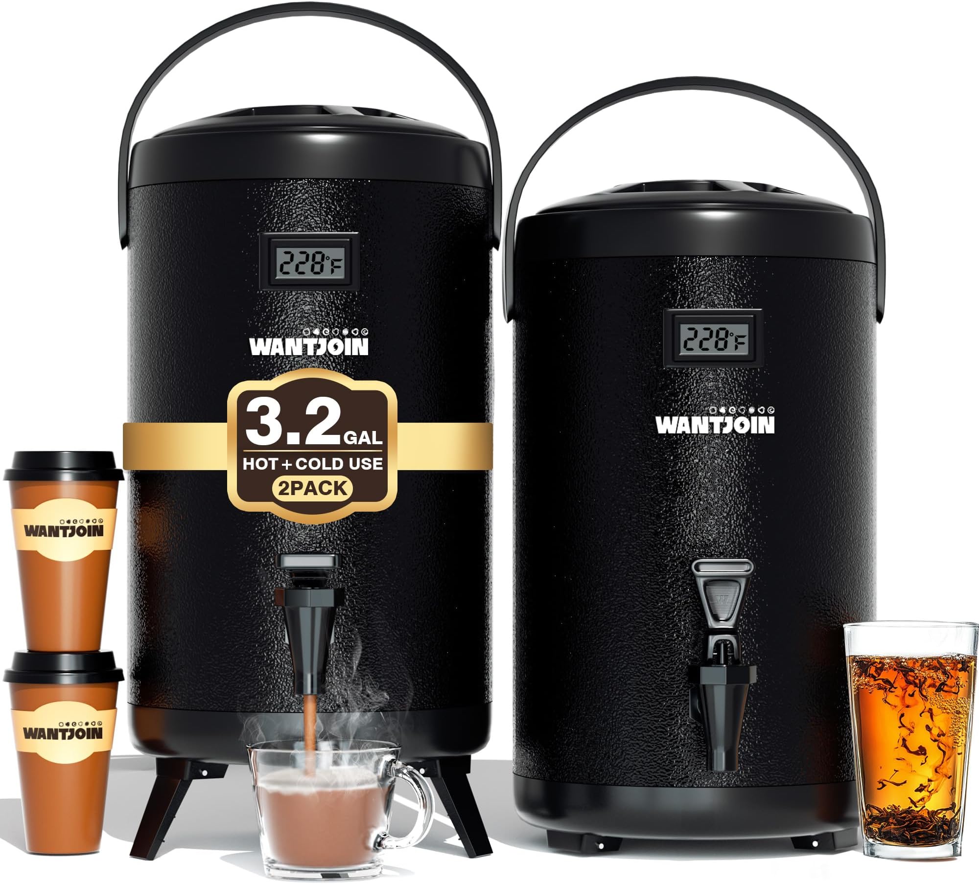 WantJoin 2-pack Insulated Beverage Dispenser-Thermal Hot and Cold Beverage Dispenser Tea Dispenser Stainless Steel 12L/3.2Gal Hot Drink Dispenser with Spigot for Hot Tea&Coffee,Cold Milk,Juice Black
