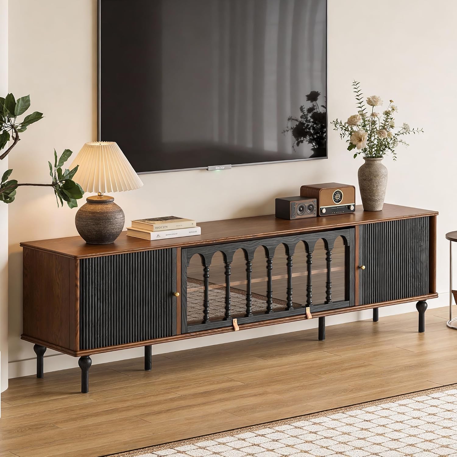 Mid-Century Modern TV Stand for TVs up to 75 Inch, 78.74" Walnut Media Console with with Black Fluted Sliding Doors & Glass Center Cabinet, Entertainment Center for Living Room