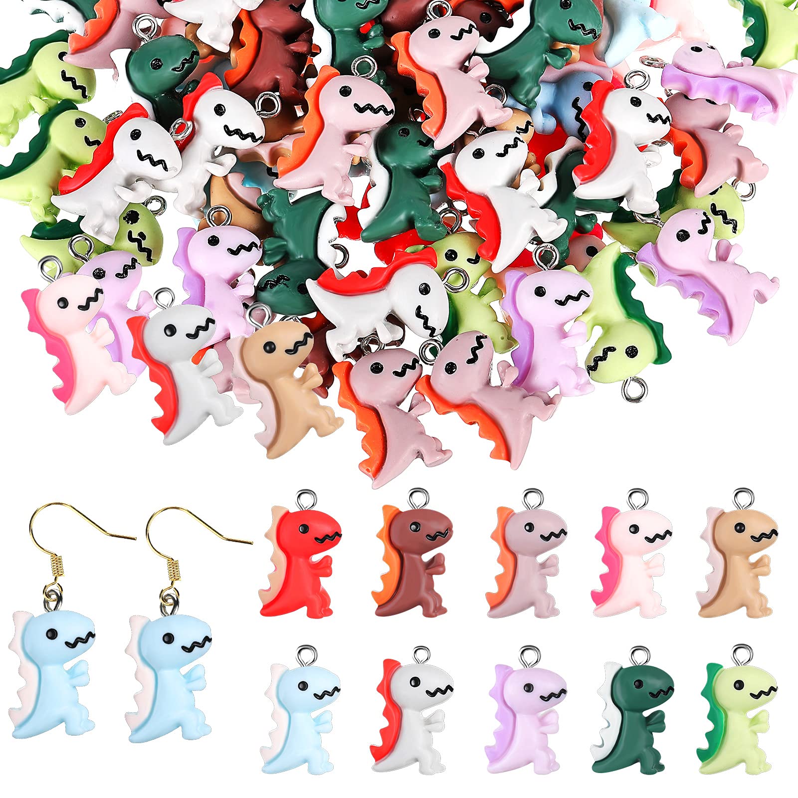 100 Pcs Dinosaur Charms for Jewelry Making, Cute Resin Dinosaur Pendants Charms for Earring Bracelet Necklace DIY Crafting, 10 Colors