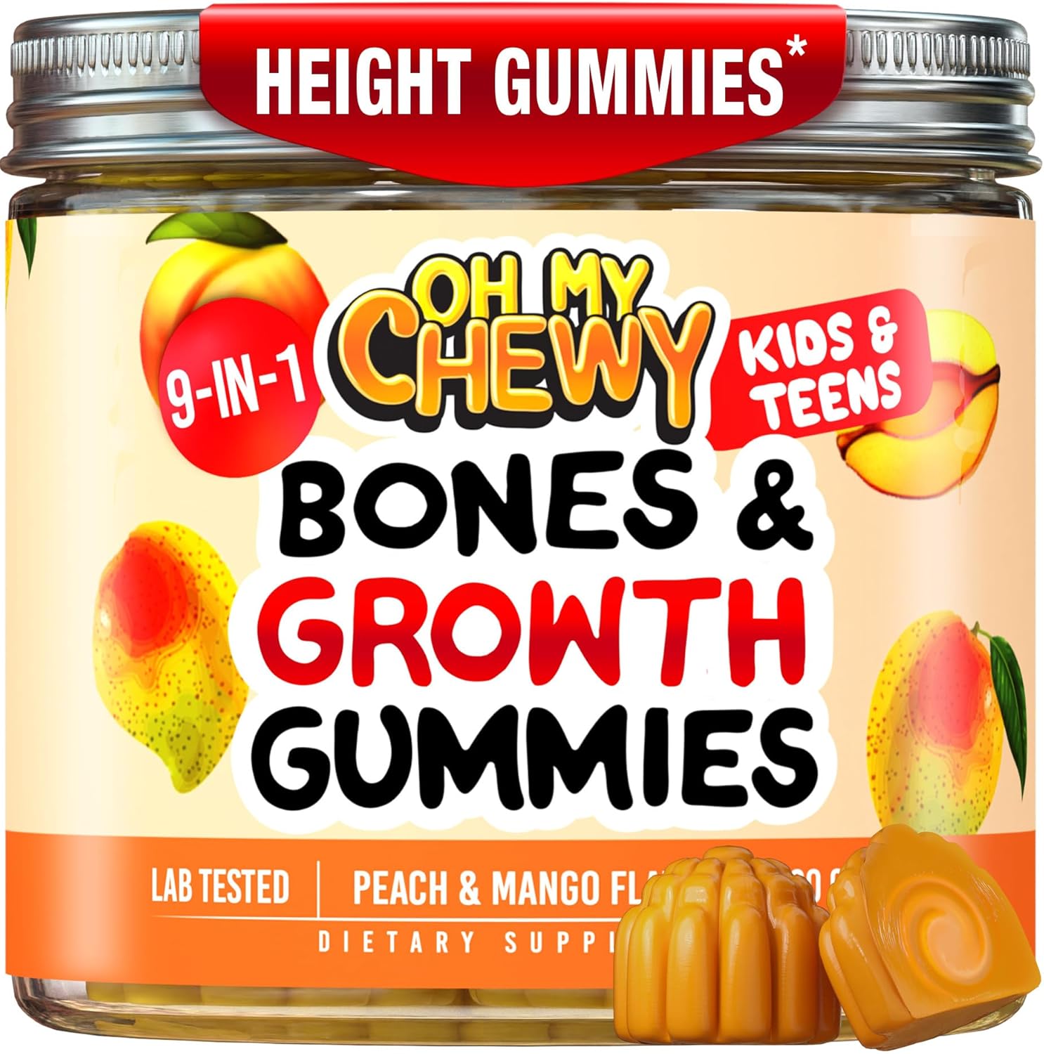 OH MY CHEWY Height Growth Vitamin Gummies for Kids & Teens - Growing Up and Bones Support for Supplement with Calcium, Zinc, Vitamin D3, K2, Spirulina and Astragalus – Peach & Mango 60 CT
