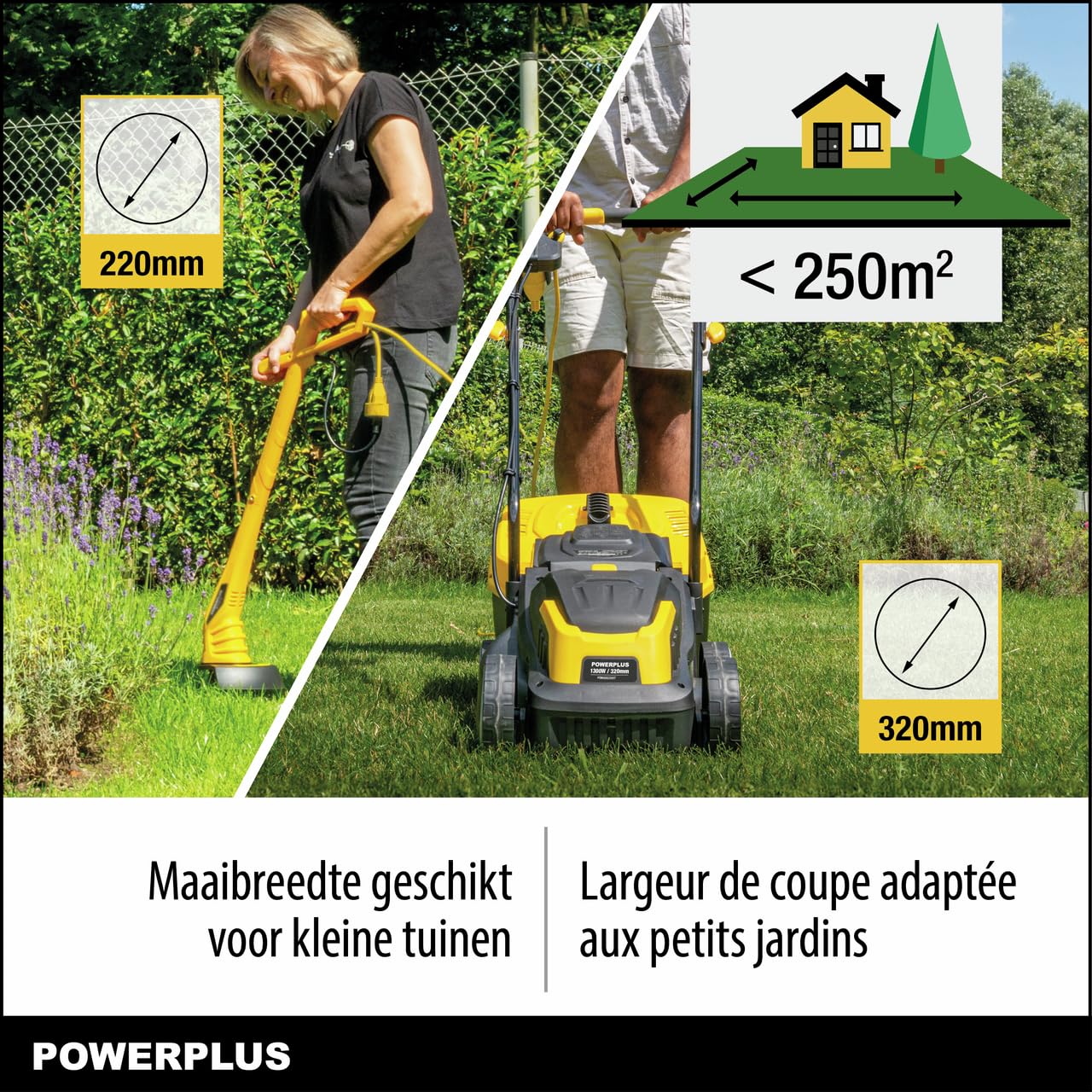 Powerplus Cortacésped Eléctrico y Recortabordes POWXG62205T – Cortacésped de 1300W con Ø320 mm y Recortabordes de 250W con Ø220 mm, Herramienta de Jardín
