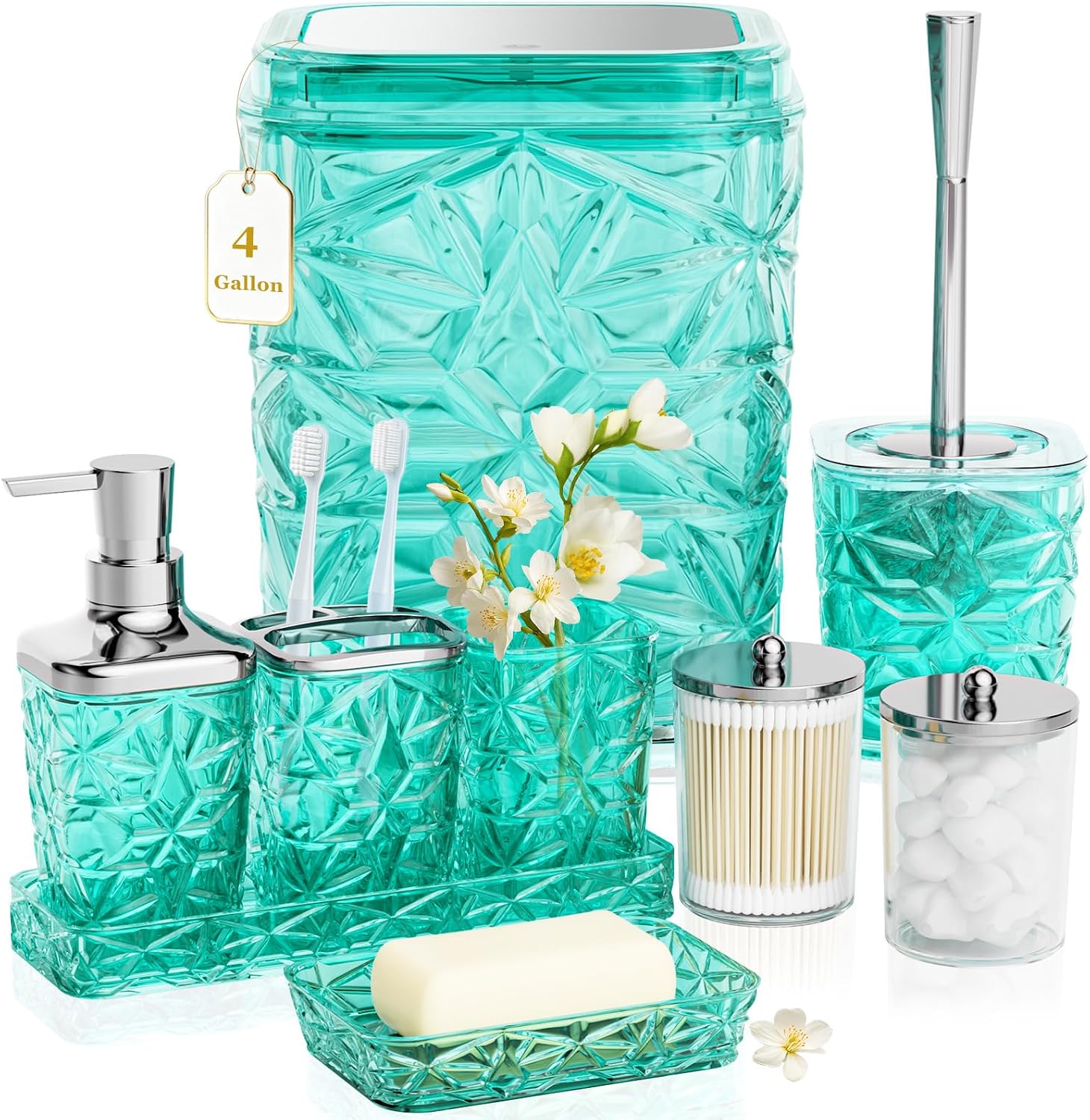 Bathroom Accessory Set, 9-Piece Teal Bathroom Set with Trash Can, Toilet Brush, Soap Dispenser, Soap Dish, Toothbrush Holder, Tumbler, Q-tip Holder & Tray, for Hotel/Apartment, Housewarming Gift
