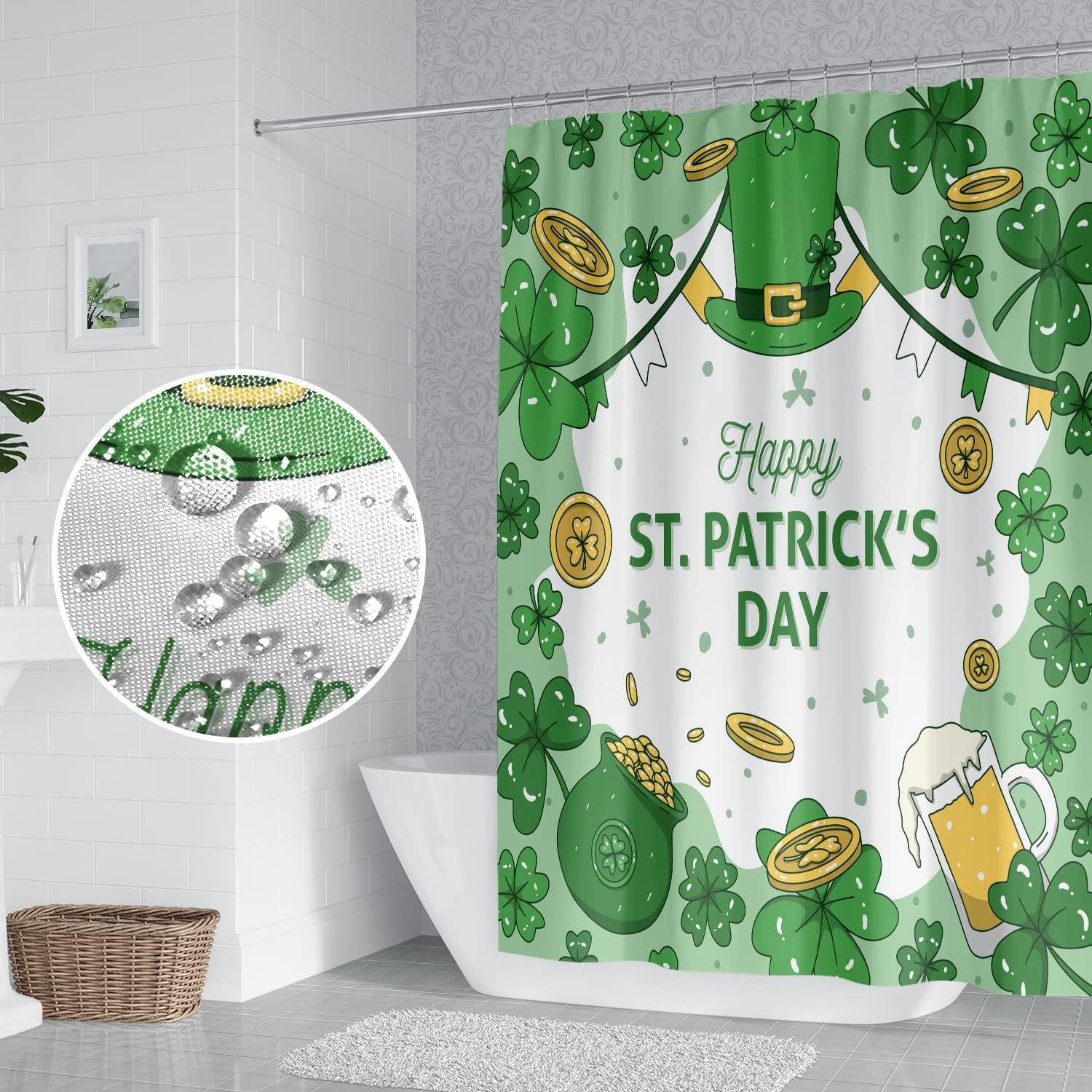Happy St. Patrick's Day Shower Curtain Green Clover Hat Gold Coins Pot Beer Glass Shower Curtain Bathroom Waterproof Polyester Bathroom Decor Set with 12 Hooks, 72x78 Inch