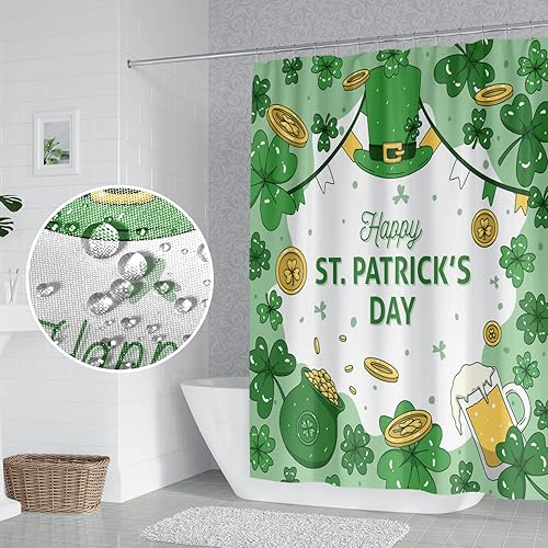 Miniatura 3 de Umpoo Cortina de ducha para el día de San Patricio sombrero de trébol verde monedas doradas cortina de ducha de vidrio de cerveza juego de