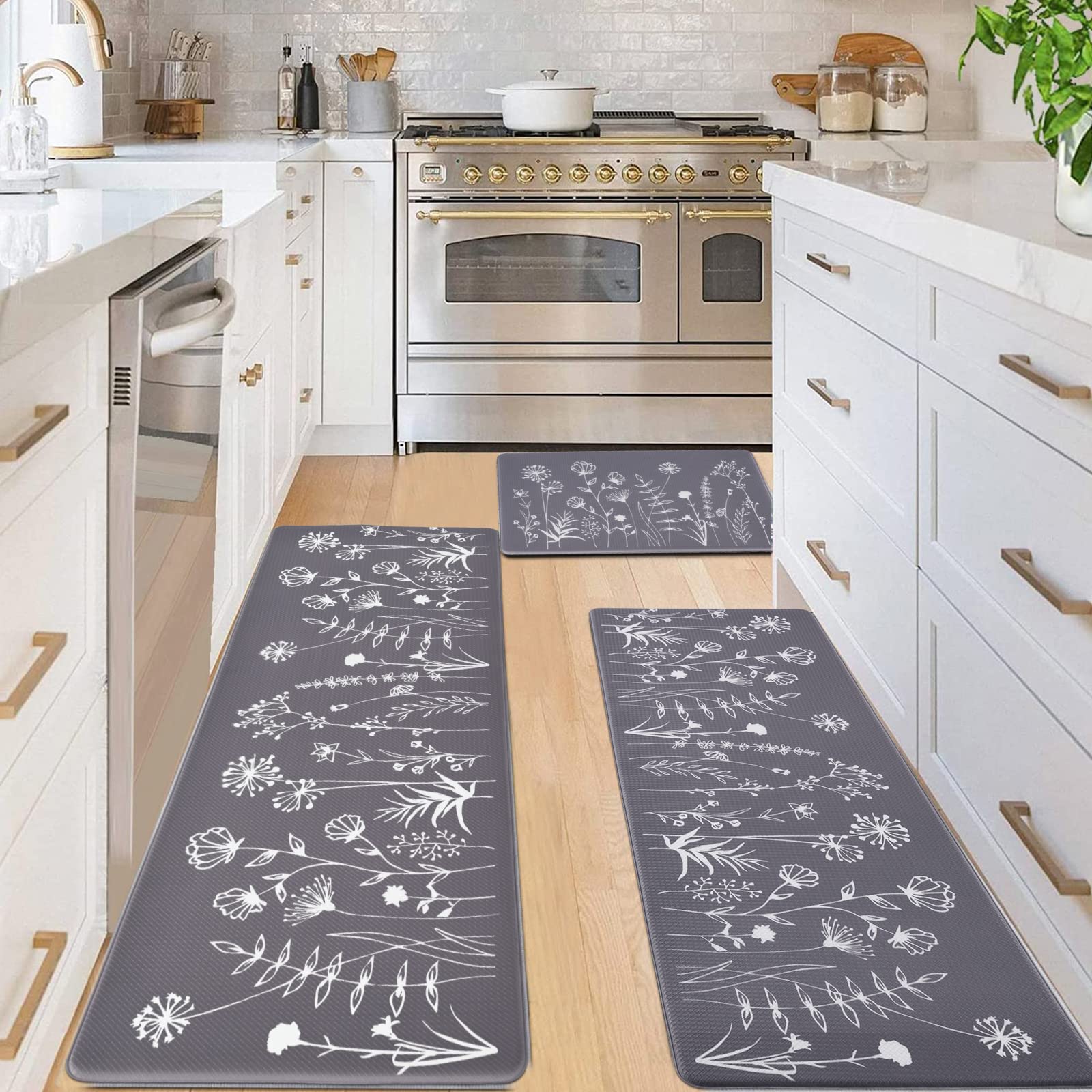 ASPMIZ Tappetino da cucina con motivo floreale, 3 pezzi, imbottito, anti-fatica, antiscivolo, in memory foam, impermeabile, per pavimento della cucina, 45,7 x 76,7 cm + 45,7 x 119,7 cm + 45,7 x 152,7