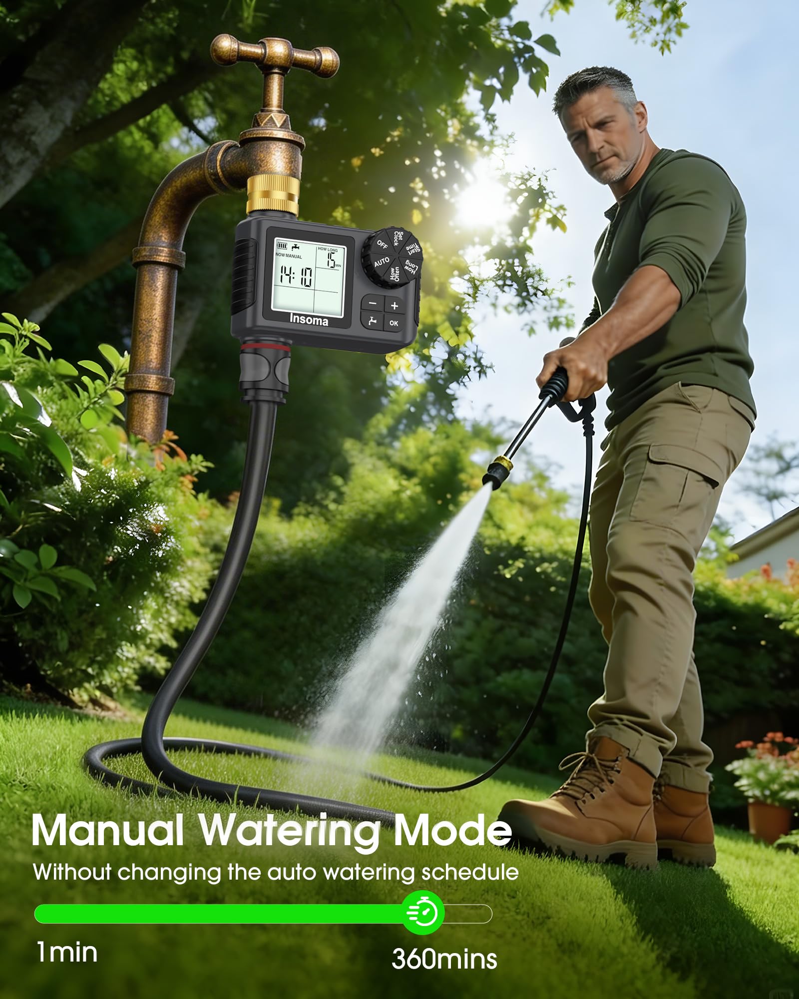 Timer irrigatore con ingresso e uscita in ottone, timer per acqua per tubo da giardino con modalità auto/manuale/ritardo pioggia, facile installazione timer per prato, giardino, irrigazione vacanze, 1