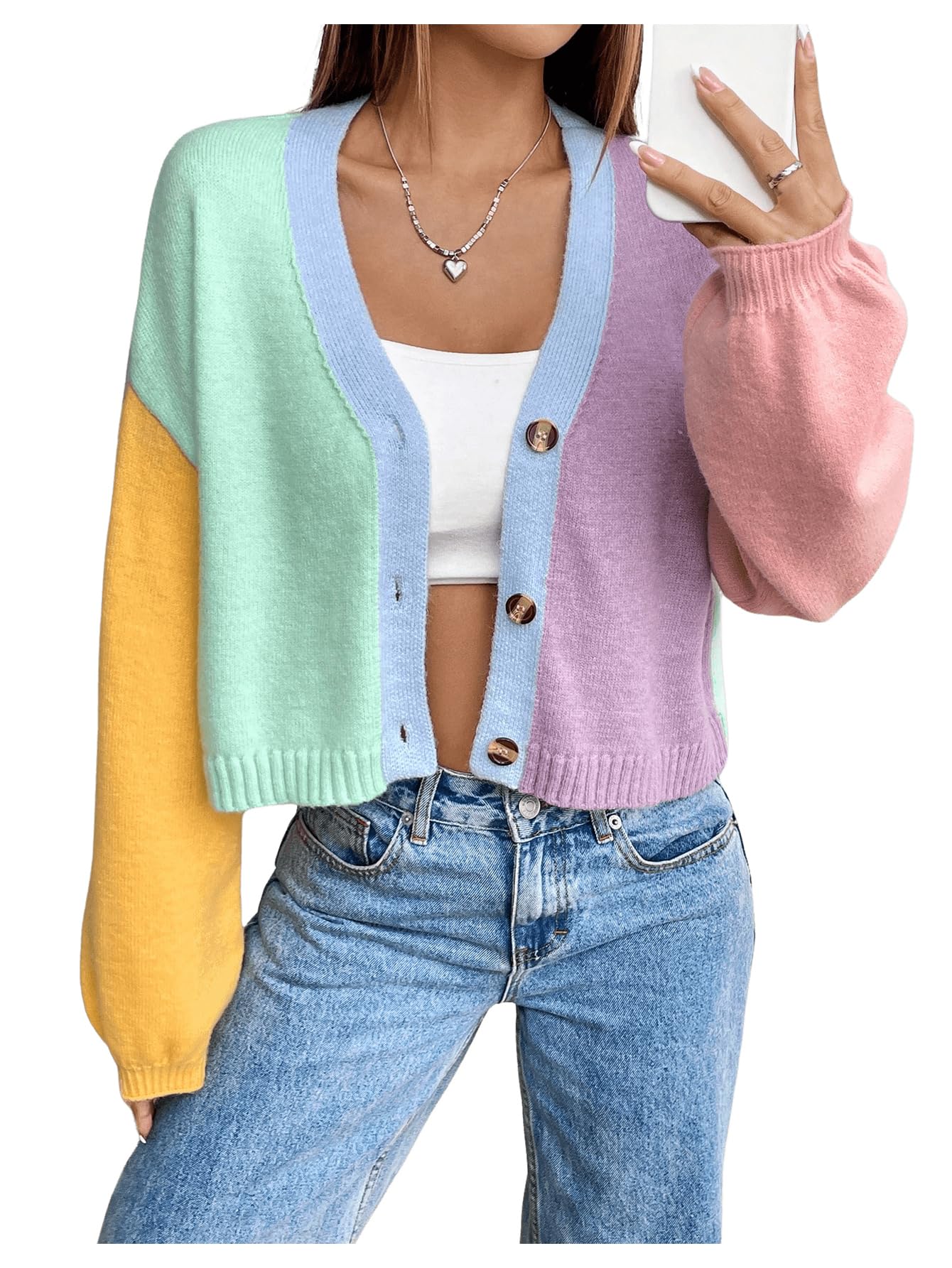 Verdusa Womens Colorful Cropped Cardigan V Neck Sweater Coat 70s Sweaters Fall Cardigans