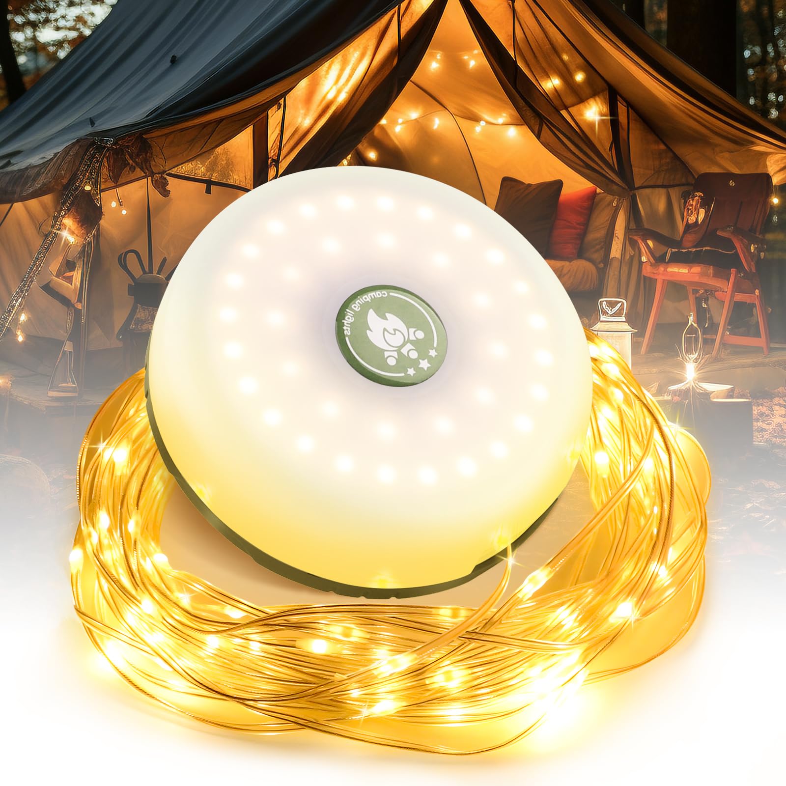 Outdoor Waterproof Portable Stowable String Light, Portable Camping Light, 2 in 1 Rechargeable Retractable Led Tent Camping Fairy Lights, Outdoor String Lights(10m, Warm Light) Camping Decor